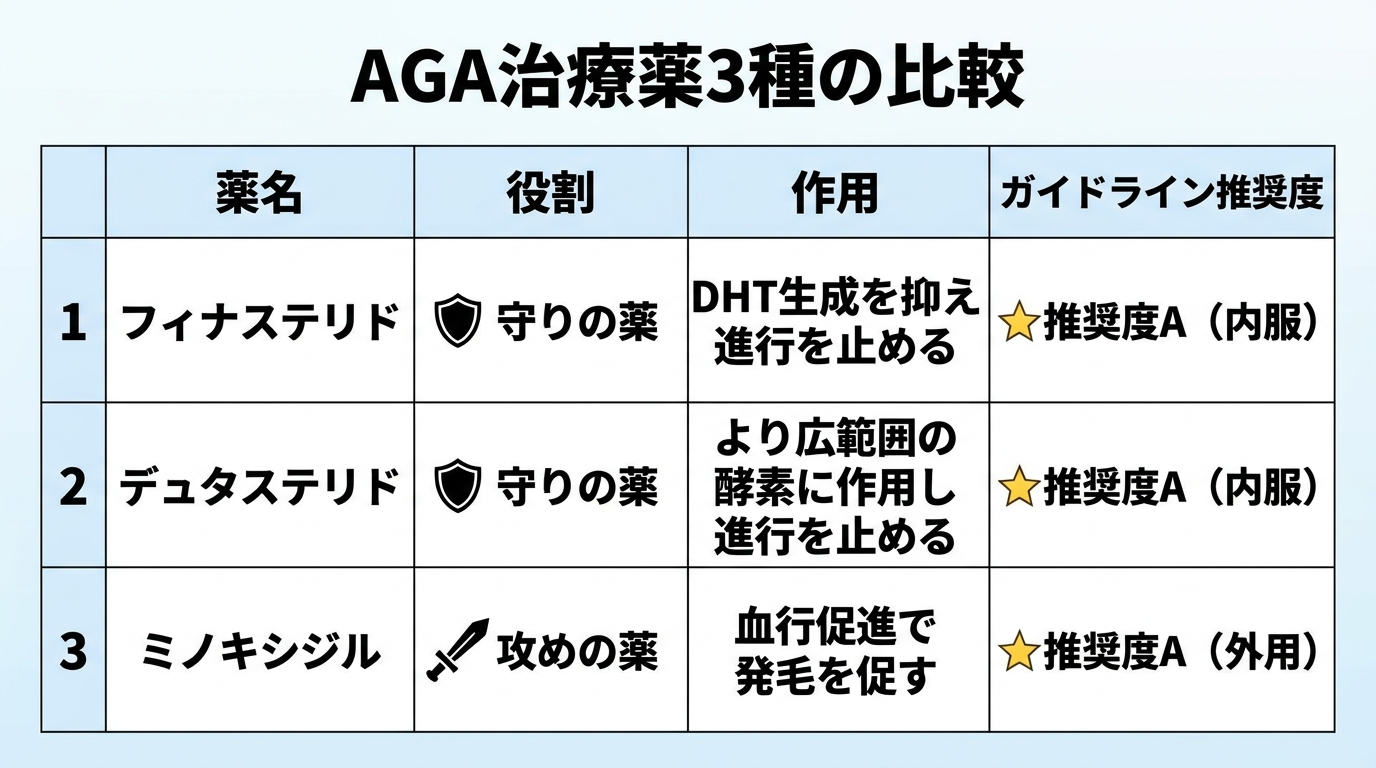 タイトル: AGA治療薬3種の比較。4列の表: ヘッダー行: 薬名 | 役割 | 作用 | ガイドライン推奨度。行1: フィナステリド | 守りの薬 | DHT生成を抑え進行を止める | 推奨度A(内服)。行2: デュタステリド | 守りの薬 | より広範囲の酵素に作用し進行を止める | 推奨度A(内服)。行3: ミノキシジル | 攻めの薬 | 血行促進で発毛を促す | 推奨度A(外用)。