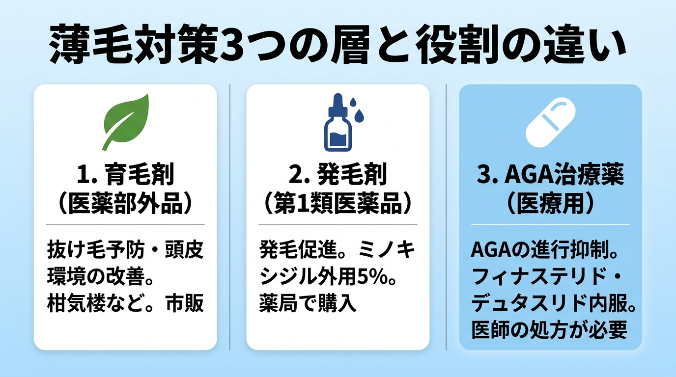 タイトル: 薄毛対策3つの層と役割の違い。横並び3カードで: カード1（葉のアイコン）ヘッダー: 育毛剤（医薬部外品）、説明: 抜け毛予防・頭皮環境の改善。柑気楼など。市販。カード2（ボトルのアイコン）ヘッダー: 発毛剤（第1類医薬品）、説明: 発毛促進。ミノキシジル外用5%。薬局で購入。カード3（錠剤のアイコン）ヘッダー: AGA治療薬（医療用）、説明: AGAの進行抑制。フィナステリド・デュタステリド内服。医師の処方が必要