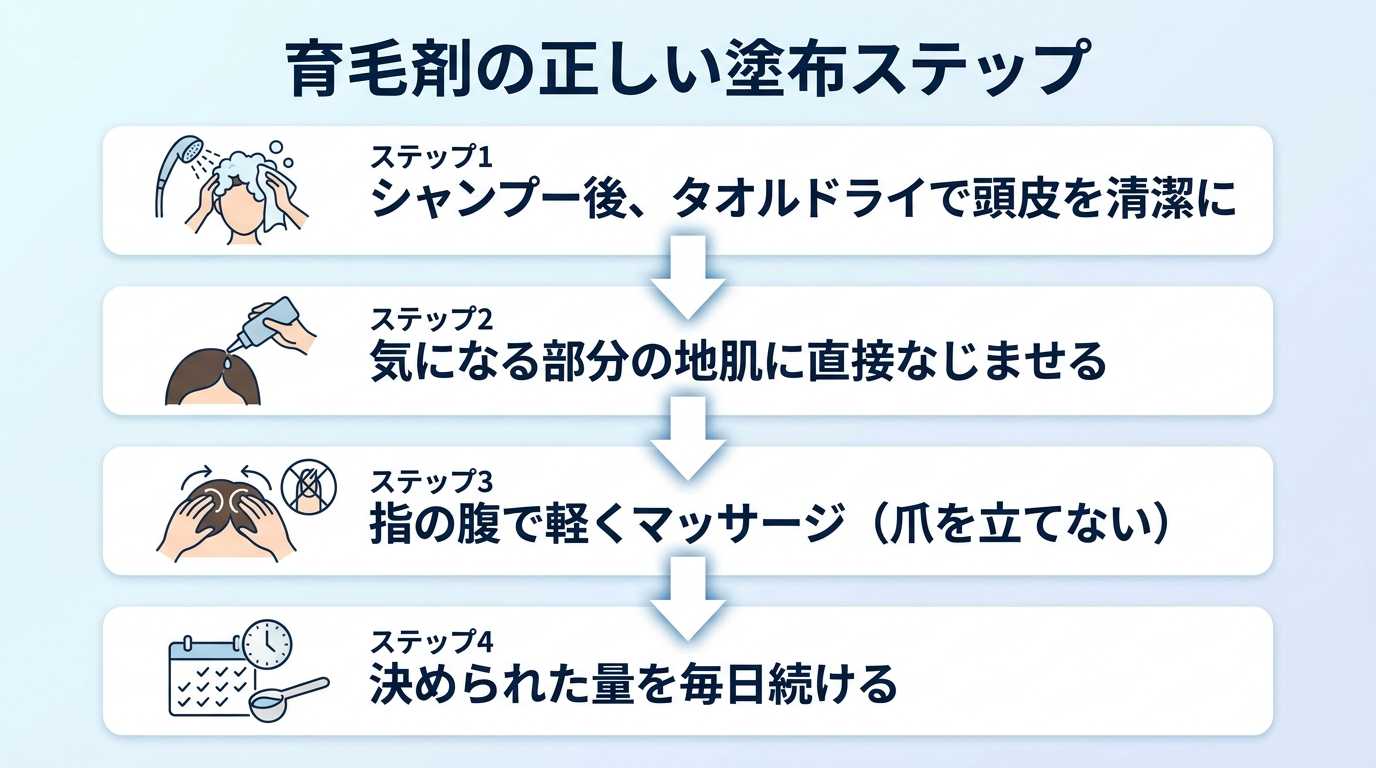 タイトル: 育毛剤の正しい塗布ステップ。縦並び4ステップのフロー図: ステップ1: シャンプー後、タオルドライで頭皮を清潔に。ステップ2: 気になる部分の地肌に直接なじませる。ステップ3: 指の腹で軽くマッサージ(爪を立てない)。ステップ4: 決められた量を毎日続ける