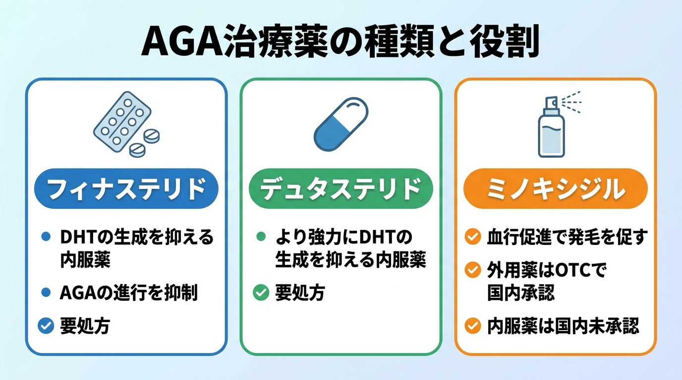 タイトル: AGA治療薬の種類と役割。横並び3カードで: カード1(錠剤のアイコン)ヘッダー: フィナステリド、説明: DHTの生成を抑える内服薬。AGAの進行を抑制。要処方。カード2(カプセルのアイコン)ヘッダー: デュタステリド、説明: より強力にDHTの生成を抑える内服薬。要処方。カード3(スプレーのアイコン)ヘッダー: ミノキシジル、説明: 血行促進で発毛を促す。外用薬はOTCで国内承認、内服薬は国内未承認