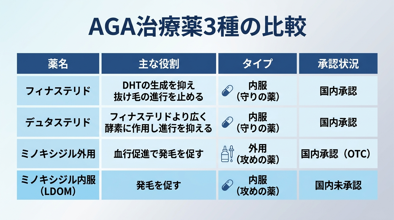 タイトル: AGA治療薬3種の比較。4列の表: ヘッダー行: 薬名 | 主な役割 | タイプ | 承認状況。行1: フィナステリド | DHTの生成を抑え抜け毛の進行を止める | 内服(守りの薬) | 国内承認。行2: デュタステリド | フィナステリドより広く酵素に作用し進行を抑える | 内服(守りの薬) | 国内承認。行3: ミノキシジル外用 | 血行促進で発毛を促す | 外用(攻めの薬) | 国内承認(OTC)。行4: ミノキシジル内服(LDOM) | 発毛を促す | 内服(攻めの薬) | 国内未承認