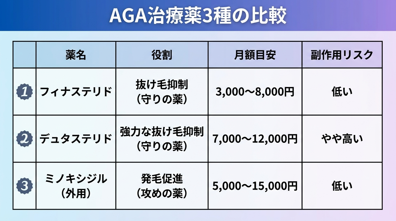 タイトル: AGA治療薬3種の比較。4列の表: ヘッダー行: 薬名 | 役割 | 月額目安 | 副作用リスク。行1: フィナステリド | 抜け毛抑制(守りの薬) | 3,000〜8,000円 | 低い。行2: デュタステリド | 強力な抜け毛抑制(守りの薬) | 7,000〜12,000円 | やや高い。行3: ミノキシジル(外用) | 発毛促進(攻めの薬) | 5,000〜15,000円 | 低い