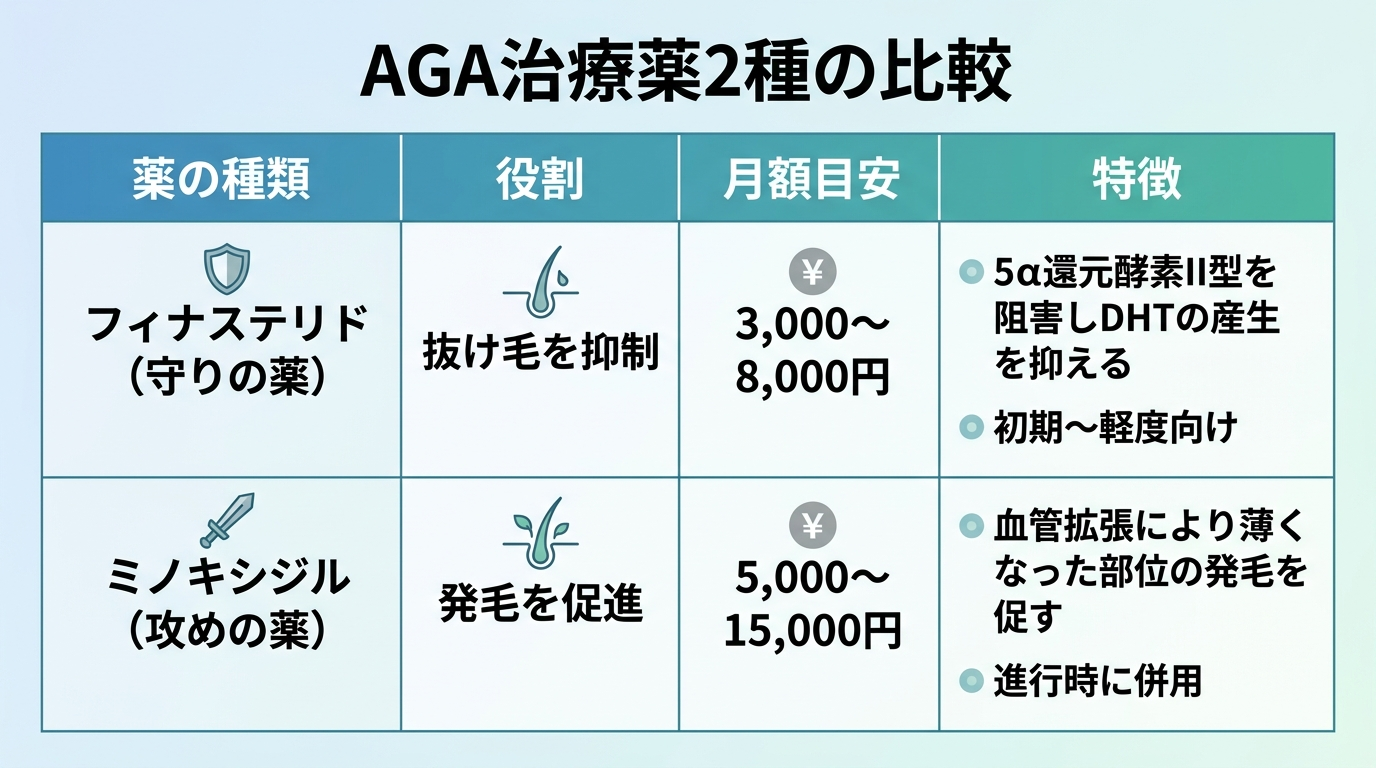 タイトル: AGA治療薬2種の比較。4列の表: ヘッダー行: 薬の種類 | 役割 | 月額目安 | 特徴。行1: フィナステリド(守りの薬) | 抜け毛を抑制 | 3,000〜8,000円 | 5α還元酵素II型を阻害しDHTの産生を抑える。初期〜軽度向け。行2: ミノキシジル(攻めの薬) | 発毛を促進 | 5,000〜15,000円 | 血管拡張により薄くなった部位の発毛を促す。進行時に併用。
