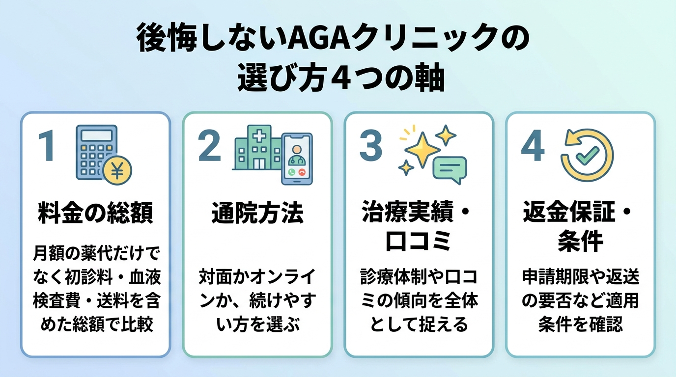 タイトル: 後悔しないAGAクリニックの選び方4つの軸。横並び4カードで: カード1(電卓のアイコン)料金の総額、説明: 月額の薬代だけでなく初診料・血液検査費・送料を含めた総額で比較。カード2(建物とスマホのアイコン)通院方法、説明: 対面かオンラインか、続けやすい方を選ぶ。カード3(星のアイコン)治療実績・口コミ、説明: 診療体制や口コミの傾向を全体として捉える。カード4(返金マークのアイコン)返金保証・条件、説明: 申請期限や返送の要否など適用条件を確認