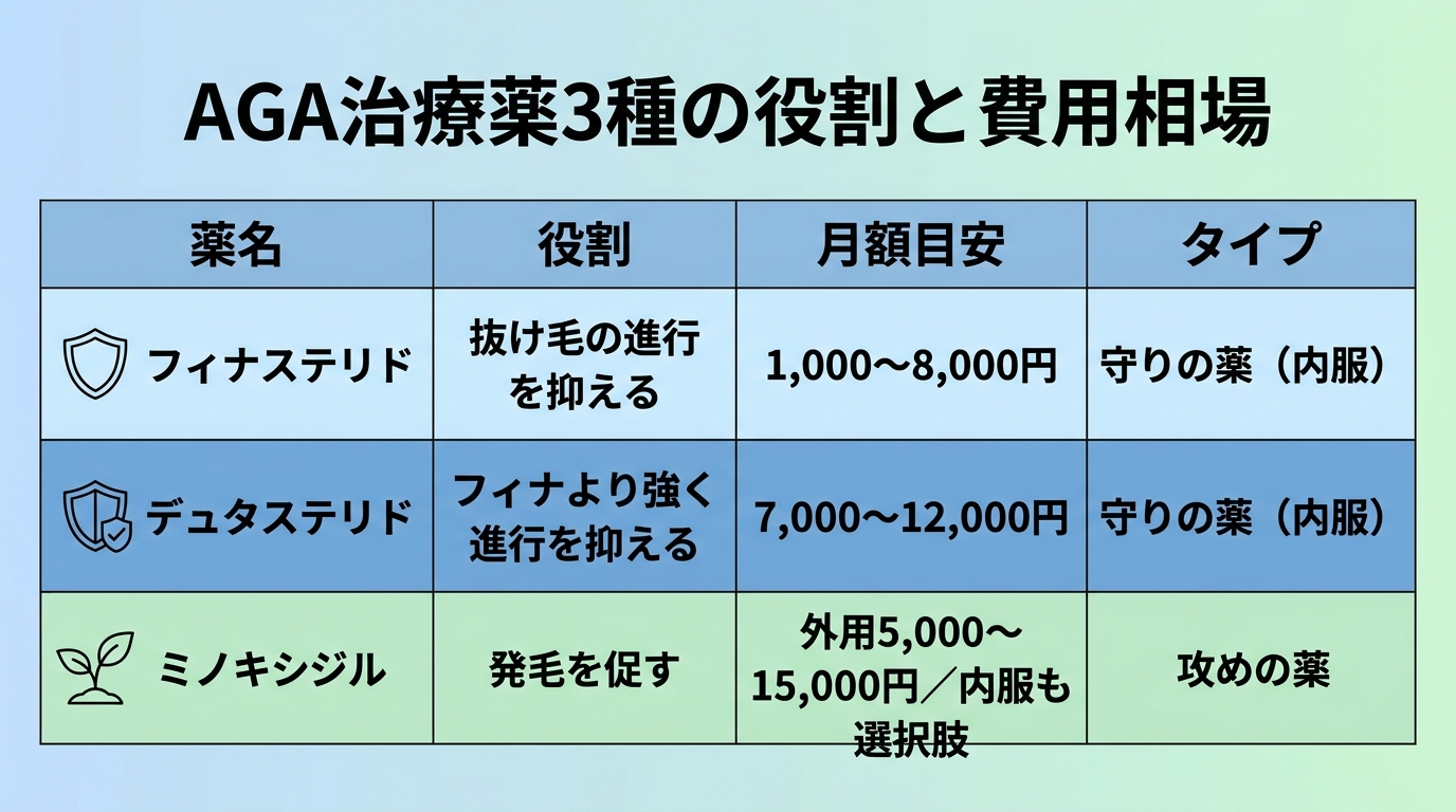 タイトル: AGA治療薬3種の役割と費用相場。4列の表: ヘッダー行: 薬名 | 役割 | 月額目安 | タイプ。行1: フィナステリド | 抜け毛の進行を抑える | 1,000〜8,000円 | 守りの薬(内服)。行2: デュタステリド | フィナより強く進行を抑える | 7,000〜12,000円 | 守りの薬(内服)。行3: ミノキシジル | 発毛を促す | 外用5,000〜15,000円/内服も選択肢 | 攻めの薬
