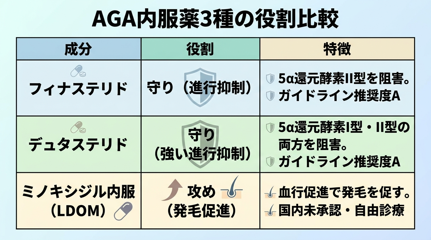 タイトル: AGA内服薬3種の役割比較。3列の表: ヘッダー行: 成分 | 役割 | 特徴。行1: フィナステリド | 守り（進行抑制） | 5α還元酵素II型を阻害。ガイドライン推奨度A。行2: デュタステリド | 守り（強い進行抑制） | 5α還元酵素I型・II型の両方を阻害。ガイドライン推奨度A。行3: ミノキシジル内服（LDOM） | 攻め（発毛促進） | 血行促進で発毛を促す。国内未承認・自由診療。