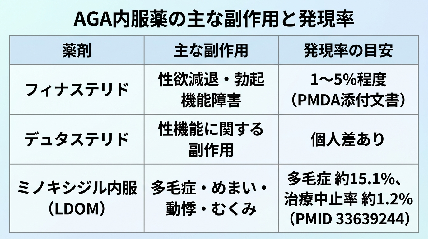 タイトル: AGA内服薬の主な副作用と発現率。3列の表: ヘッダー行: 薬剤 | 主な副作用 | 発現率の目安。行1: フィナステリド | 性欲減退・勃起機能障害 | 1〜5%程度（PMDA添付文書）。行2: デュタステリド | 性機能に関する副作用 | 個人差あり。行3: ミノキシジル内服（LDOM） | 多毛症・めまい・動悸・むくみ | 多毛症 約15.1%、治療中止率 約1.2%（PMID 33639244）。