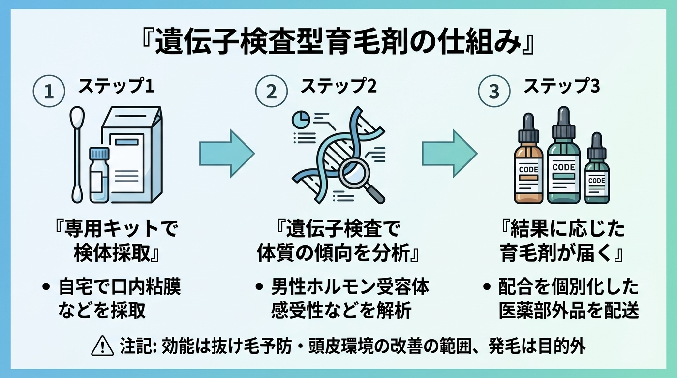 タイトル: 遺伝子検査型育毛剤の仕組み。横並び3ステップのフロー図: ステップ1（検査キットのアイコン）『専用キットで検体採取』自宅で口内粘膜などを採取。ステップ2（DNA二重らせんのアイコン）『遺伝子検査で体質の傾向を分析』男性ホルモン受容体感受性などを解析。ステップ3（ボトルのアイコン）『結果に応じた育毛剤が届く』配合を個別化した医薬部外品を配送。下部に注記: 効能は抜け毛予防・頭皮環境の改善の範囲、発毛は目的外
