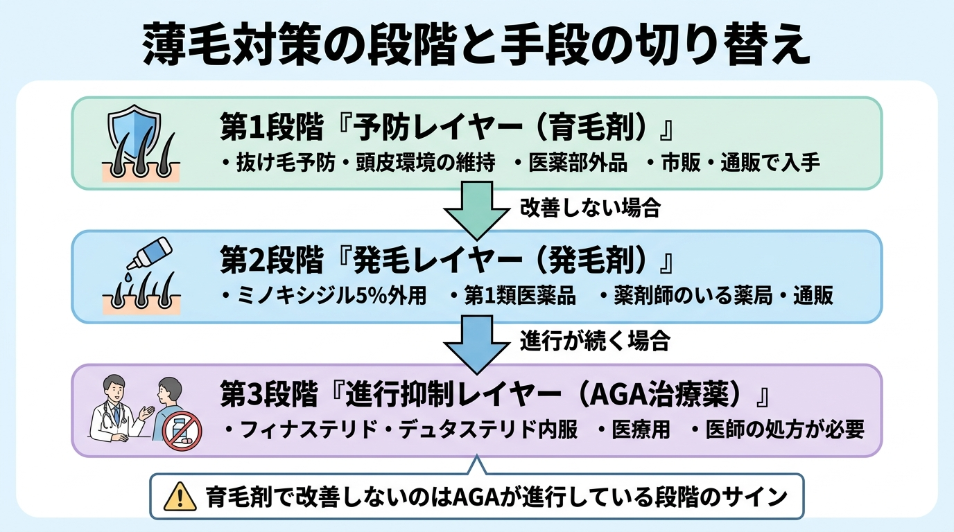 タイトル: 薄毛対策の段階と手段の切り替え。縦フロー図: 第1段階『予防レイヤー（育毛剤）』抜け毛予防・頭皮環境の維持、医薬部外品、市販・通販で入手。矢印（改善しない場合）。第2段階『発毛レイヤー（発毛剤）』ミノキシジル5%外用、第1類医薬品、薬剤師のいる薬局・通販。矢印（進行が続く場合）。第3段階『進行抑制レイヤー（AGA治療薬）』フィナステリド・デュタステリド内服、医療用、医師の処方が必要。下部に注記: 育毛剤で改善しないのはAGAが進行している段階のサイン