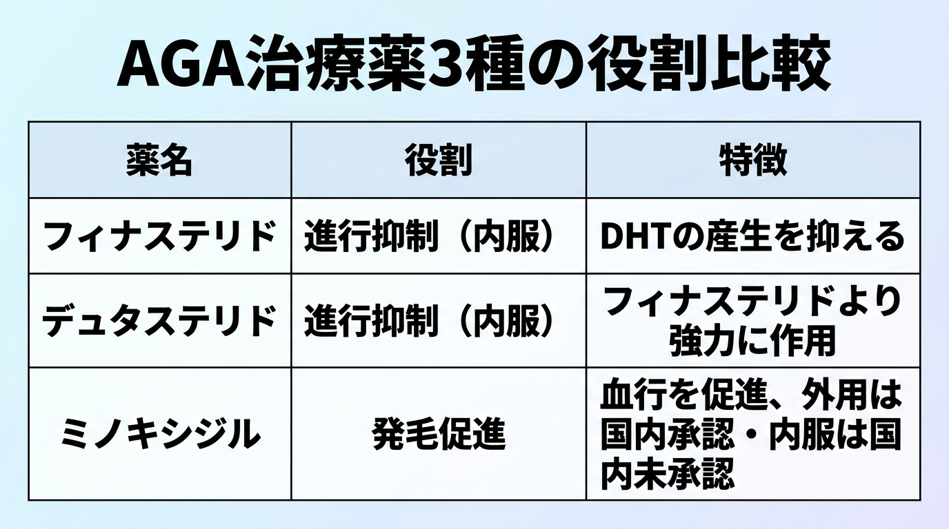 タイトル: AGA治療薬3種の役割比較。3列の表: ヘッダー行: 薬名 | 役割 | 特徴。行1: フィナステリド | 進行抑制（内服） | DHTの産生を抑える。行2: デュタステリド | 進行抑制（内服） | フィナステリドより強力に作用。行3: ミノキシジル | 発毛促進 | 血行を促進、外用は国内承認・内服は国内未承認