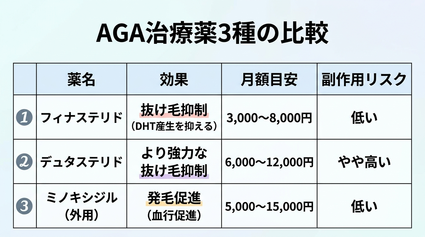 タイトル: AGA治療薬3種の比較。4列の表: ヘッダー行: 薬名 | 効果 | 月額目安 | 副作用リスク。行1: フィナステリド | 抜け毛抑制（DHT産生を抑える） | 3,000〜8,000円 | 低い。行2: デュタステリド | より強力な抜け毛抑制 | 6,000〜12,000円 | やや高い。行3: ミノキシジル（外用） | 発毛促進（血行促進） | 5,000〜15,000円 | 低い