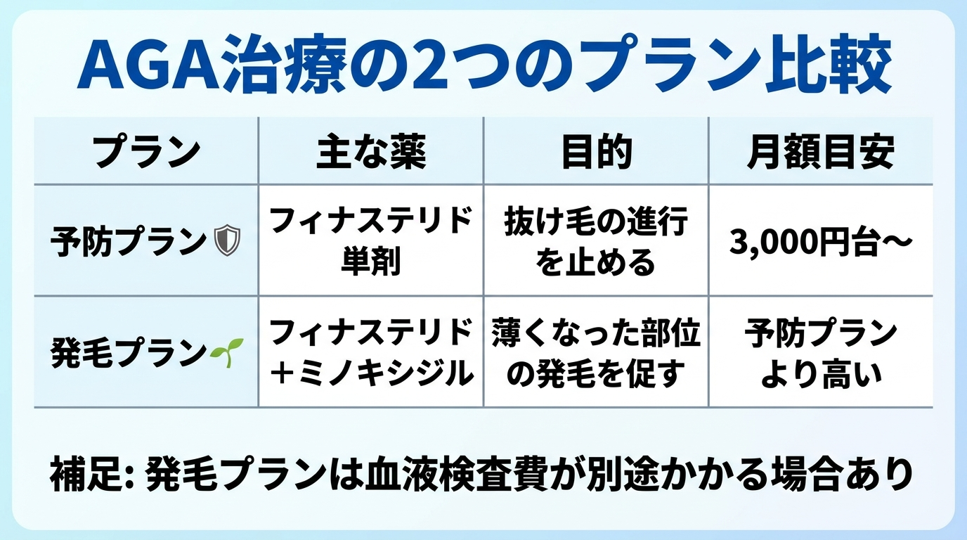 タイトル: AGA治療の2つのプラン比較。4列の表: ヘッダー行: プラン | 主な薬 | 目的 | 月額目安。行1: 予防プラン | フィナステリド単剤 | 抜け毛の進行を止める | 3,000円台〜。行2: 発毛プラン | フィナステリド+ミノキシジル | 薄くなった部位の発毛を促す | 予防プランより高い。補足: 発毛プランは血液検査費が別途かかる場合あり。