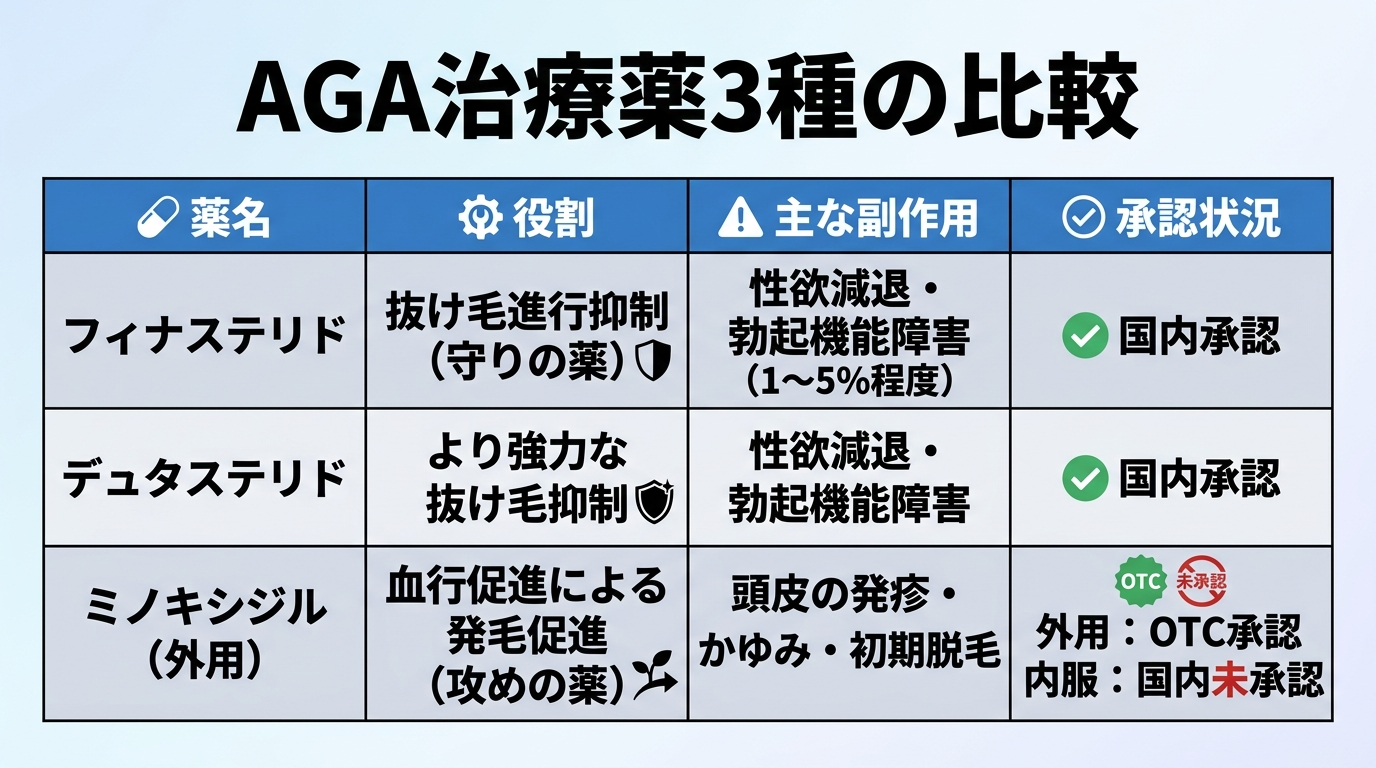 タイトル: AGA治療薬3種の比較。4列の表。ヘッダー行: 薬名 | 役割 | 主な副作用 | 承認状況。行1: フィナステリド | 抜け毛の進行を抑える(守りの薬) | 性欲減退・勃起機能障害(1〜5%程度) | 国内承認。行2: デュタステリド | より強力に抜け毛を抑える | 性欲減退・勃起機能障害 | 国内承認。行3: ミノキシジル(外用) | 血行促進で発毛を促す(攻めの薬) | 頭皮の発疹・かゆみ・初期脱毛 | 外用はOTC承認、内服は国内未承認