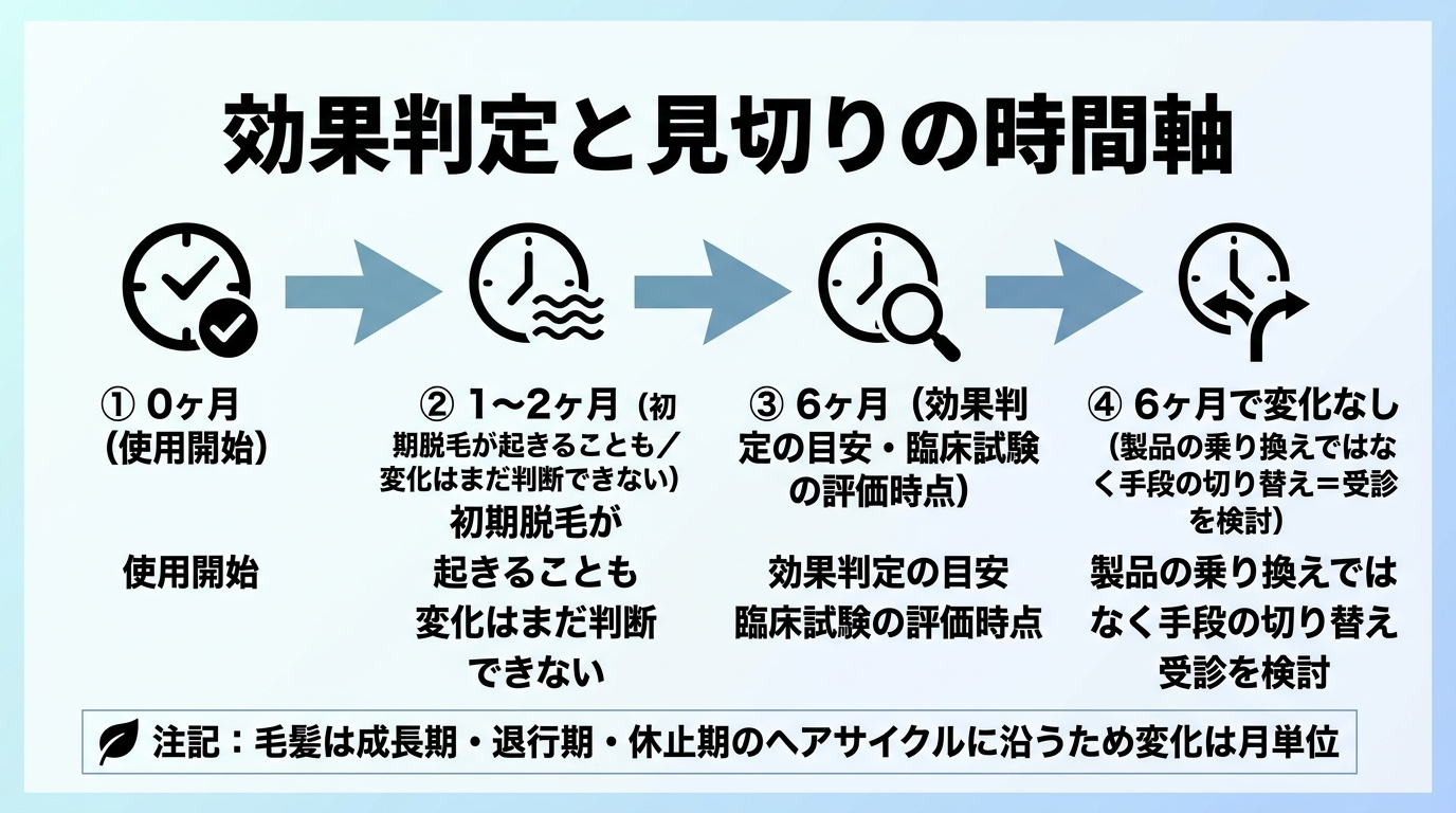 タイトル: 効果判定と見切りの時間軸。横方向のタイムライン図: 0ヶ月（使用開始）→ 1〜2ヶ月（初期脱毛が起きることも／変化はまだ判断できない）→ 6ヶ月（効果判定の目安・臨床試験の評価時点）→ 6ヶ月で変化なし（製品の乗り換えではなく手段の切り替え＝受診を検討）。注記: 毛髪は成長期・退行期・休止期のヘアサイクルに沿うため変化は月単位。