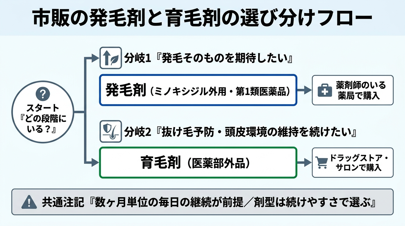 タイトル: 市販の発毛剤と育毛剤の選び分けフロー。分岐図で: スタート『どの段階にいる？』→ 分岐1『発毛そのものを期待したい』→ 発毛剤（ミノキシジル外用・第1類医薬品）／薬剤師のいる薬局で購入。分岐2『抜け毛予防・頭皮環境の維持を続けたい』→ 育毛剤（医薬部外品）／ドラッグストア・サロンで購入。下部に共通注記『数ヶ月単位の毎日の継続が前提／剤型は続けやすさで選ぶ』