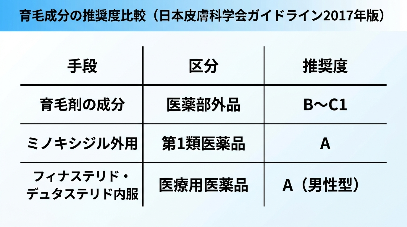 タイトル: 育毛成分の推奨度比較(日本皮膚科学会ガイドライン2017年版)。3列の表: ヘッダー行: 手段 | 区分 | 推奨度。行1: 育毛剤の成分 | 医薬部外品 | B〜C1。行2: ミノキシジル外用 | 第1類医薬品 | A。行3: フィナステリド・デュタステリド内服 | 医療用医薬品 | A(男性型)