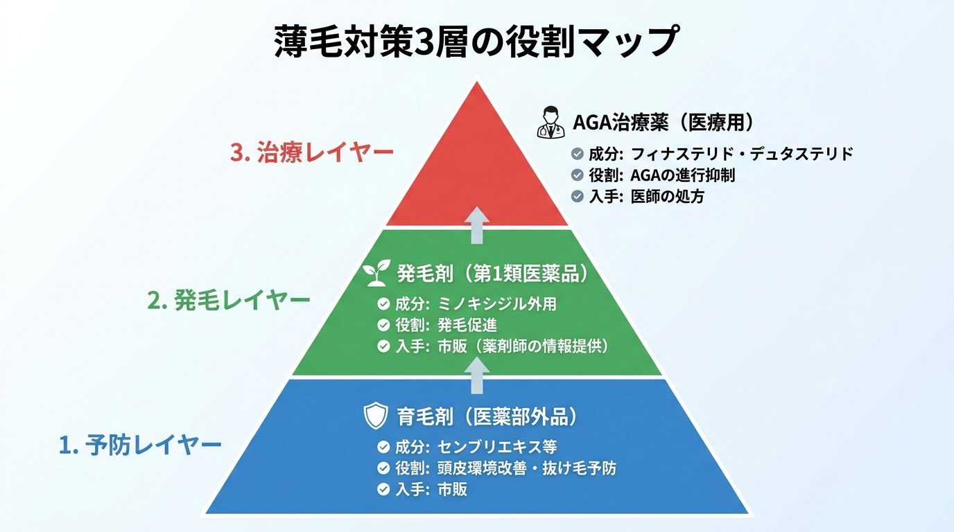 タイトル: 薄毛対策3層の役割マップ。縦3段のピラミッド図で: 最下段(予防レイヤー)育毛剤(医薬部外品)成分: センブリエキス等、役割: 頭皮環境改善・抜け毛予防、入手: 市販。中段(発毛レイヤー)発毛剤(第1類医薬品)成分: ミノキシジル外用、役割: 発毛促進、入手: 市販(薬剤師の情報提供)。最上段(治療レイヤー)AGA治療薬(医療用)成分: フィナステリド・デュタステリド、役割: AGAの進行抑制、入手: 医師の処方