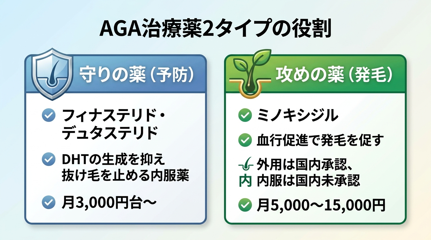 タイトル: AGA治療薬2タイプの役割。横並び2カードで: カード1（盾のアイコン）ヘッダー: 守りの薬（予防）、説明: フィナステリド・デュタステリド。DHTの生成を抑え抜け毛を止める内服薬。月3,000円台〜。カード2（芽のアイコン）ヘッダー: 攻めの薬（発毛）、説明: ミノキシジル。血行促進で発毛を促す。外用は国内承認、内服は国内未承認。月5,000〜15,000円