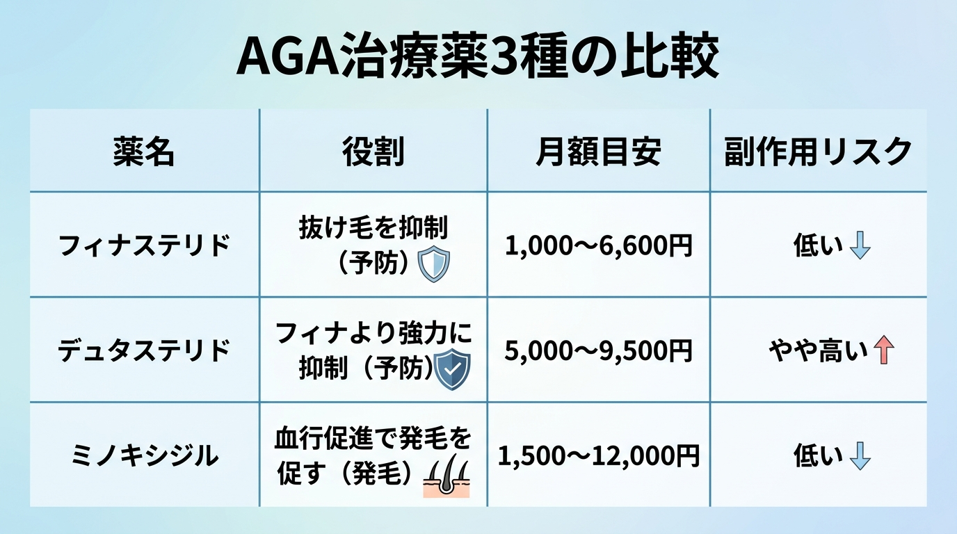 タイトル: AGA治療薬3種の比較。4列の表: ヘッダー行: 薬名 | 役割 | 月額目安 | 副作用リスク。行1: フィナステリド | 抜け毛を抑制(予防) | 1,000〜6,600円 | 低い。行2: デュタステリド | フィナより強力に抑制(予防) | 5,000〜9,500円 | やや高い。行3: ミノキシジル | 血行促進で発毛を促す(発毛) | 1,500〜12,000円 | 低い。