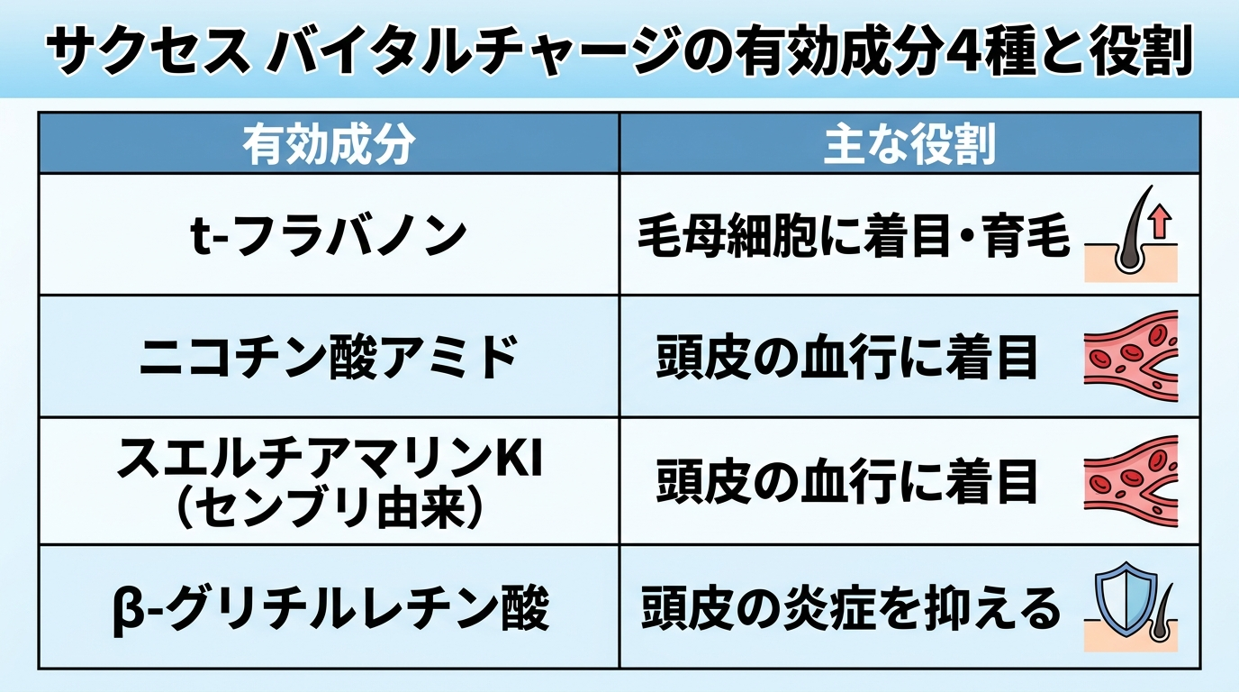 タイトル: サクセス バイタルチャージの有効成分4種と役割。4行の表: ヘッダー行: 有効成分 | 主な役割。行1: t-フラバノン | 毛母細胞に着目・育毛。行2: ニコチン酸アミド | 頭皮の血行に着目。行3: スエルチアマリンKI(センブリ由来) | 頭皮の血行に着目。行4: β-グリチルレチン酸 | 頭皮の炎症を抑える
