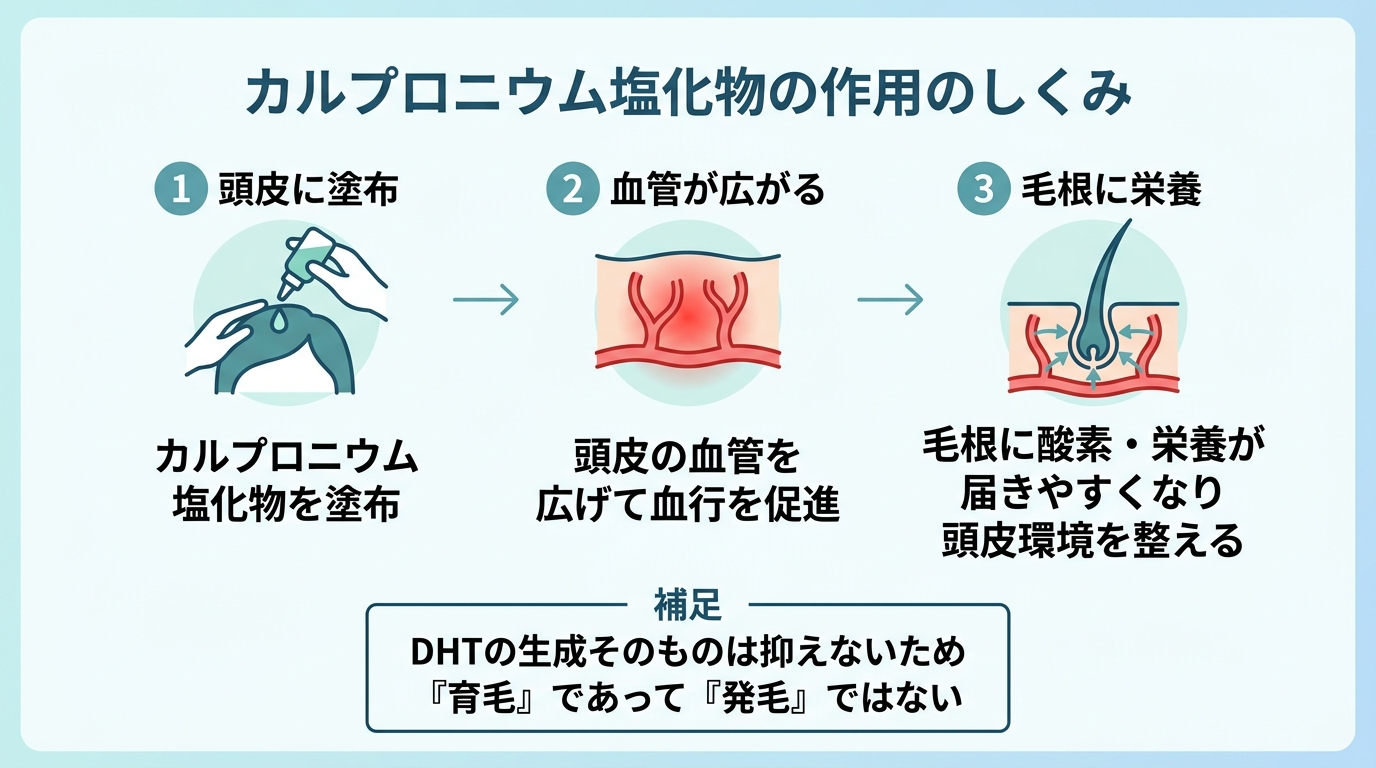タイトル: カルプロニウム塩化物の作用のしくみ。フロー図で3ステップ: ステップ1(頭皮に塗布のアイコン)カルプロニウム塩化物を塗布。ステップ2(血管が広がるアイコン)頭皮の血管を広げて血行を促進。ステップ3(毛根に栄養のアイコン)毛根に酸素・栄養が届きやすくなり頭皮環境を整える。補足: DHTの生成そのものは抑えないため『育毛』であって『発毛』ではない