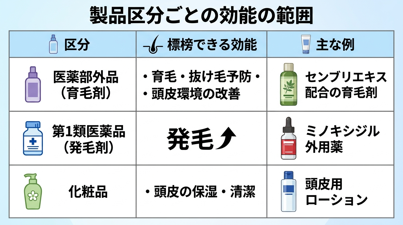 タイトル: 製品区分ごとの効能の範囲。3列の表: ヘッダー行: 区分 | 標榜できる効能 | 主な例。行1: 医薬部外品（育毛剤） | 育毛・抜け毛予防・頭皮環境の改善 | センブリエキス配合の育毛剤。行2: 第1類医薬品（発毛剤） | 発毛 | ミノキシジル外用薬。行3: 化粧品 | 頭皮の保湿・清潔 | 頭皮用ローション