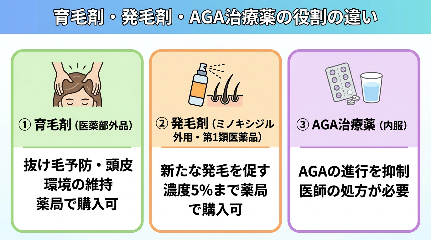 タイトル: 育毛剤・発毛剤・AGA治療薬の役割の違い。横並び3カードで: カード1(頭皮ケアのアイコン)ヘッダー: 育毛剤(医薬部外品)、説明: 抜け毛予防・頭皮環境の維持。薬局で購入可。カード2(スプレー容器のアイコン)ヘッダー: 発毛剤(ミノキシジル外用・第1類医薬品)、説明: 新たな発毛を促す。濃度5%まで薬局で購入可。カード3(錠剤のアイコン)ヘッダー: AGA治療薬(内服)、説明: AGAの進行を抑制。医師の処方が必要