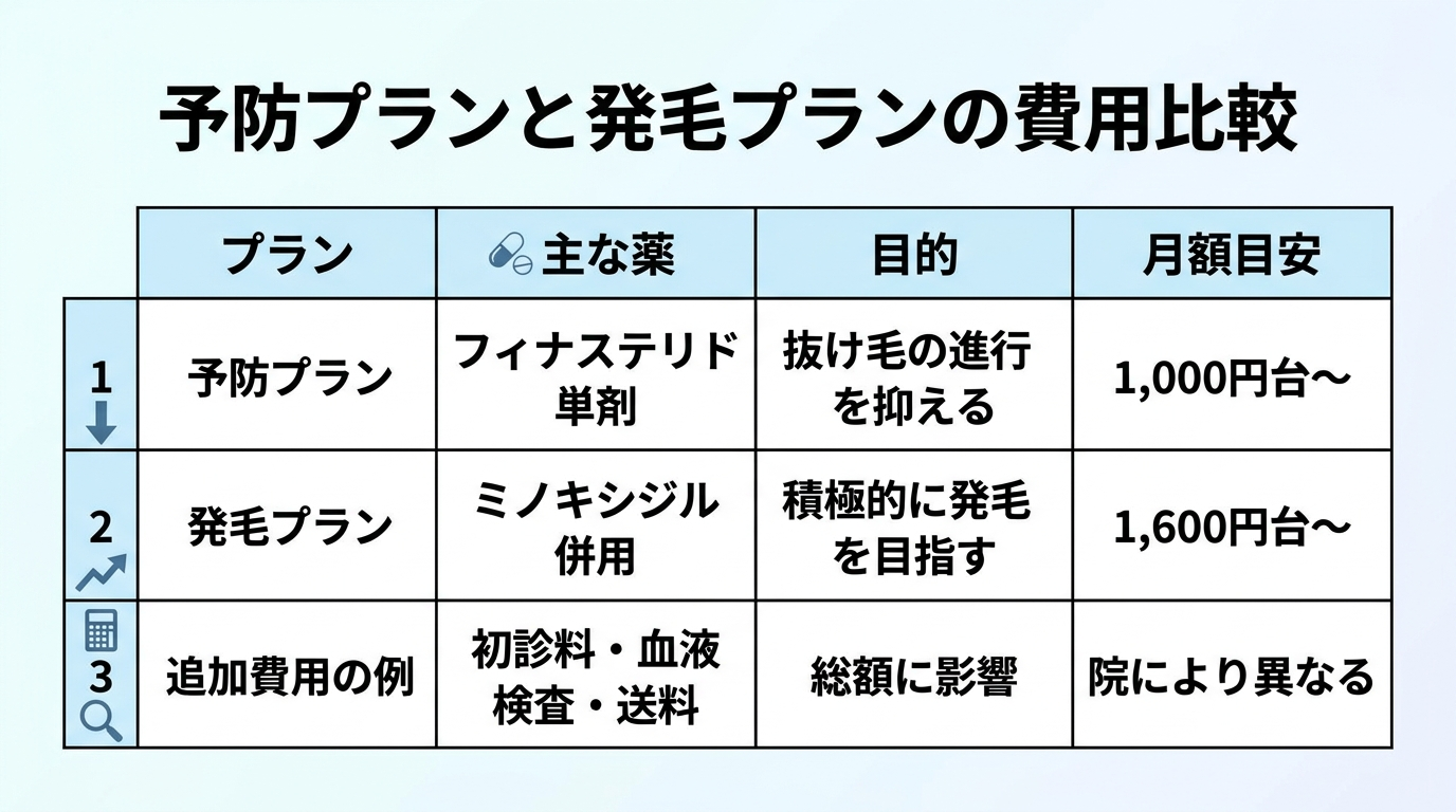 タイトル: 予防プランと発毛プランの費用比較。4列の表: ヘッダー行: プラン | 主な薬 | 目的 | 月額目安。行1: 予防プラン | フィナステリド単剤 | 抜け毛の進行を抑える | 1,000円台〜。行2: 発毛プラン | ミノキシジル併用 | 積極的に発毛を目指す | 1,600円台〜。行3: 追加費用の例 | 初診料・血液検査・送料 | 総額に影響 | 院により異なる