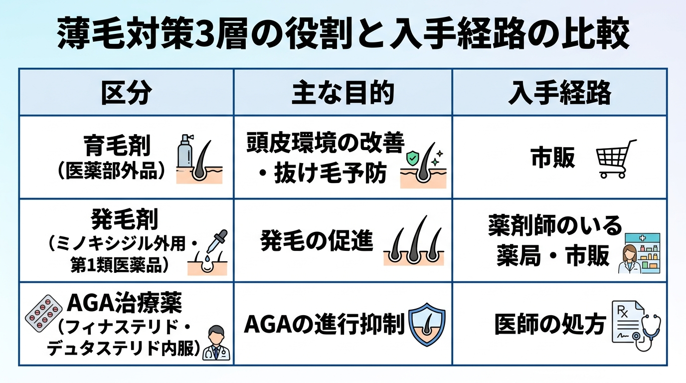 タイトル: 薄毛対策3層の役割と入手経路の比較。3列の表。ヘッダー行: 区分 | 主な目的 | 入手経路。行1: 育毛剤（医薬部外品）| 頭皮環境の改善・抜け毛予防 | 市販。行2: 発毛剤（ミノキシジル外用・第1類医薬品）| 発毛の促進 | 薬剤師のいる薬局・市販。行3: AGA治療薬（フィナステリド・デュタステリド内服）| AGAの進行抑制 | 医師の処方