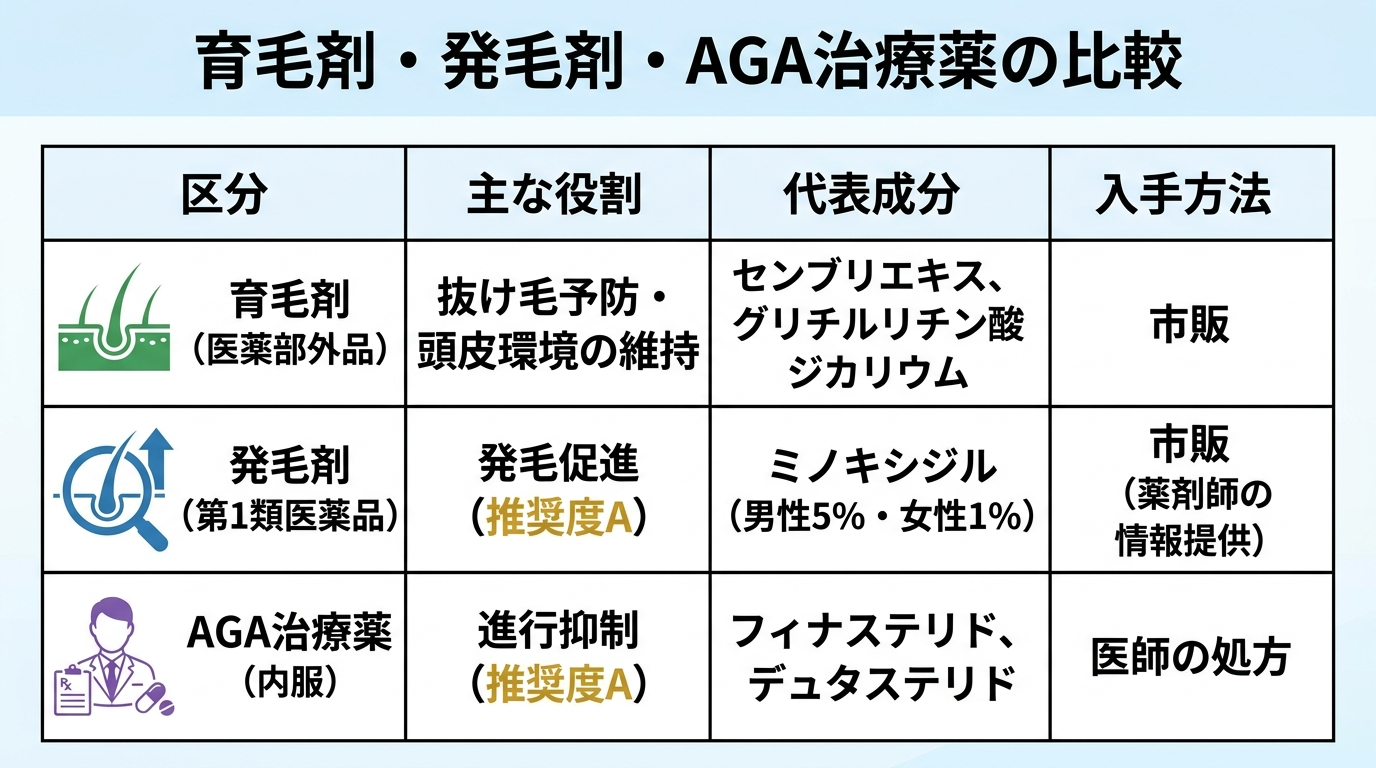 タイトル: 育毛剤・発毛剤・AGA治療薬の比較。4列の表: ヘッダー行: 区分 | 主な役割 | 代表成分 | 入手方法。行1: 育毛剤（医薬部外品） | 抜け毛予防・頭皮環境の維持 | センブリエキス、グリチルリチン酸ジカリウム | 市販。行2: 発毛剤（第1類医薬品） | 発毛促進（推奨度A） | ミノキシジル（男性5%・女性1%） | 市販（薬剤師の情報提供）。行3: AGA治療薬（内服） | 進行抑制（推奨度A） | フィナステリド、デュタステリド | 医師の処方