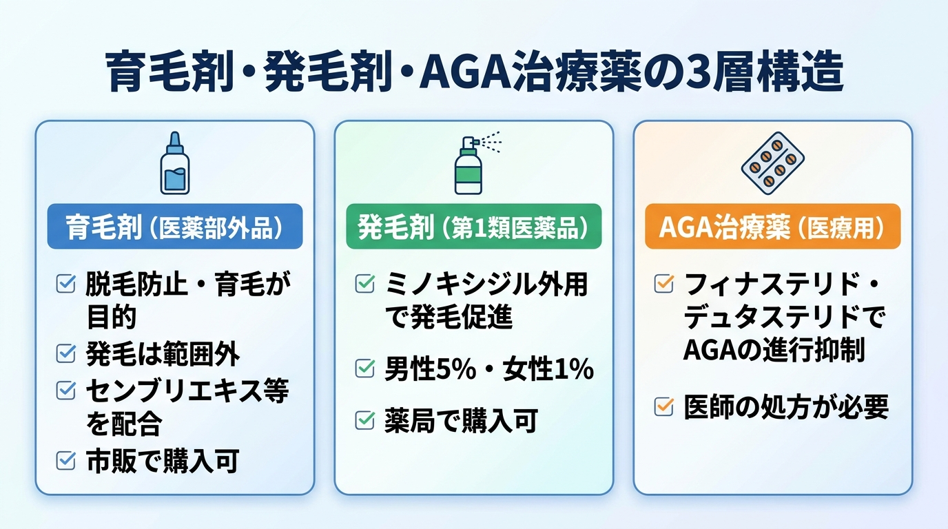 タイトル: 育毛剤・発毛剤・AGA治療薬の3層構造。横並び3カードで: カード1(ボトルのアイコン)ヘッダー: 育毛剤(医薬部外品)、説明: 脱毛防止・育毛が目的。発毛は範囲外。センブリエキス等を配合。市販で購入可。カード2(スプレーのアイコン)ヘッダー: 発毛剤(第1類医薬品)、説明: ミノキシジル外用で発毛促進。男性5%・女性1%。薬局で購入可。カード3(錠剤のアイコン)ヘッダー: AGA治療薬(医療用)、説明: フィナステリド・デュタステリドでAGAの進行抑制。医師の処方が必要