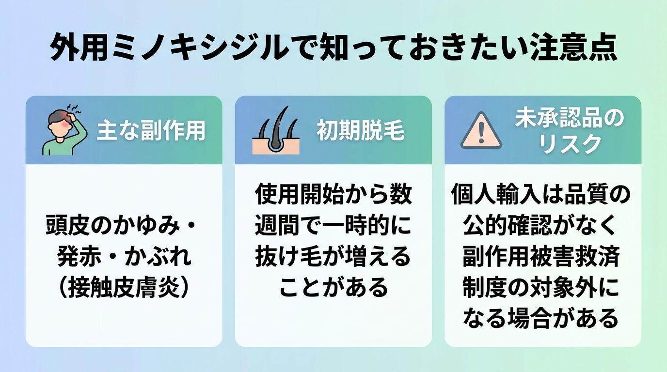 タイトル: 外用ミノキシジルで知っておきたい注意点。横並び3カードで: カード1（かゆみのアイコン）ヘッダー: 主な副作用、説明: 頭皮のかゆみ・発赤・かぶれ（接触皮膚炎）。カード2（抜け毛のアイコン）ヘッダー: 初期脱毛、説明: 使用開始から数週間で一時的に抜け毛が増えることがある。カード3（警告アイコン）ヘッダー: 未承認品のリスク、説明: 個人輸入は品質の公的確認がなく副作用被害救済制度の対象外になる場合がある