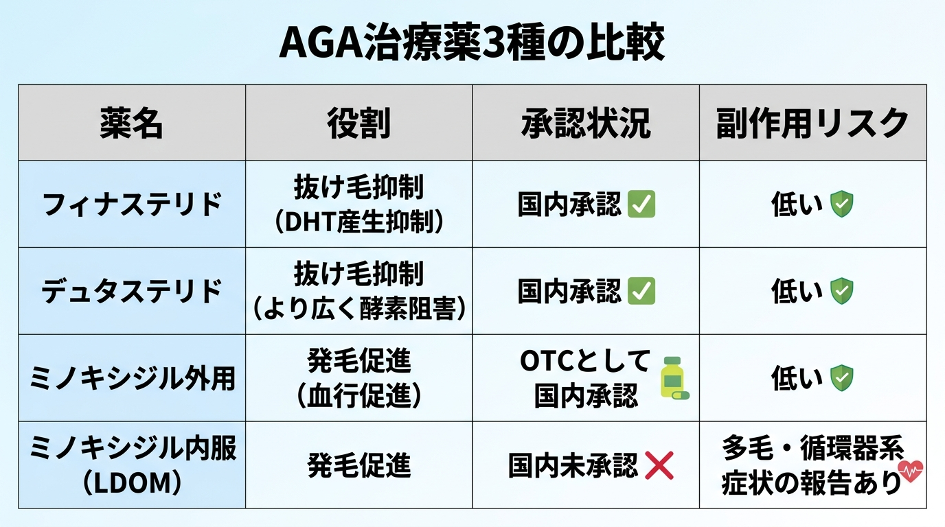 タイトル: AGA治療薬3種の比較。4列の表: ヘッダー行: 薬名 | 役割 | 承認状況 | 副作用リスク。行1: フィナステリド | 抜け毛抑制(DHT産生抑制) | 国内承認 | 低い。行2: デュタステリド | 抜け毛抑制(より広く酵素阻害) | 国内承認 | 低い。行3: ミノキシジル外用 | 発毛促進(血行促進) | OTCとして国内承認 | 低い。行4: ミノキシジル内服(LDOM) | 発毛促進 | 国内未承認 | 多毛・循環器系症状の報告あり