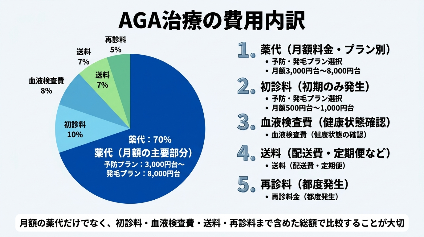 タイトル: AGA治療の費用の内訳。円グラフまたは積み上げ図で費用構成を表示: 薬代(月額の主要部分・予防プラン3,000円台〜発毛プラン8,000円台)、初診料、血液検査費、送料、再診料。補足テキスト: 月額の薬代だけでなく、初診料・血液検査費・送料・再診料まで含めた総額で比較することが大切