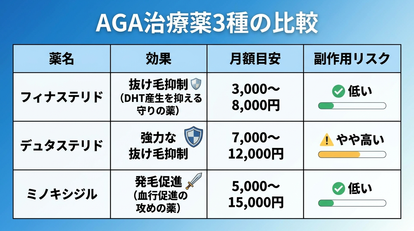 タイトル: AGA治療薬3種の比較。4列の表: ヘッダー行: 薬名 | 効果 | 月額目安 | 副作用リスク。行1: フィナステリド | 抜け毛抑制(DHT産生を抑える守りの薬) | 3,000〜8,000円 | 低い。行2: デュタステリド | 強力な抜け毛抑制 | 7,000〜12,000円 | やや高い。行3: ミノキシジル | 発毛促進(血行促進の攻めの薬) | 5,000〜15,000円 | 低い
