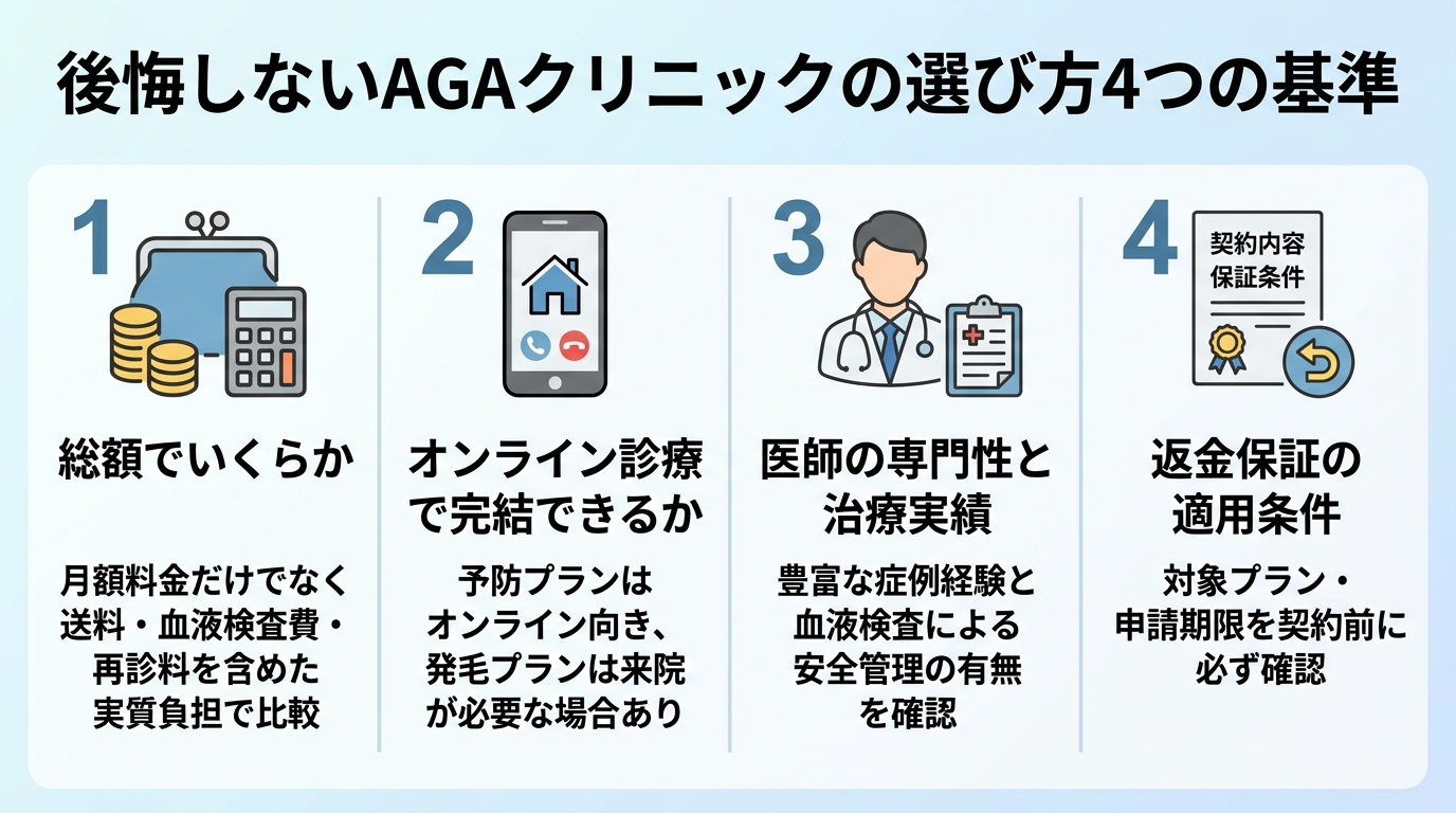 タイトル: 後悔しないAGAクリニックの選び方4つの基準。縦並び4項目のチェックリスト: 1. 総額でいくらか（月額料金だけでなく送料・血液検査費・再診料を含めた実質負担で比較）。2. オンライン診療で完結できるか（予防プランはオンライン向き、発毛プランは来院が必要な場合あり）。3. 医師の専門性と治療実績（症例経験と血液検査による安全管理の有無）。4. 返金保証の適用条件（対象プラン・申請期限を契約前に確認）。