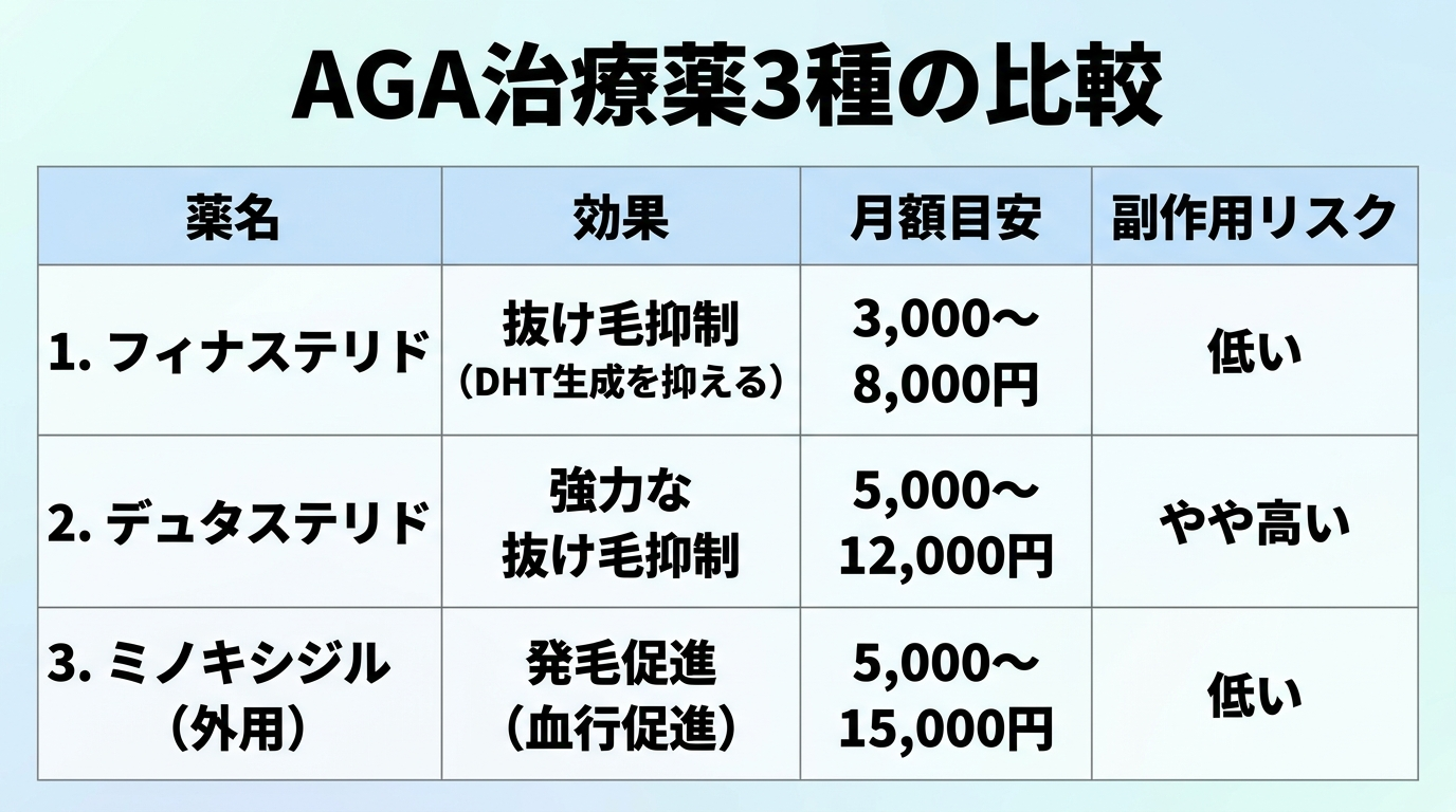 タイトル: AGA治療薬3種の比較。4列の表: ヘッダー行: 薬名 | 効果 | 月額目安 | 副作用リスク。行1: フィナステリド | 抜け毛抑制（DHT生成を抑える） | 3,000〜8,000円 | 低い。行2: デュタステリド | 強力な抜け毛抑制 | 5,000〜12,000円 | やや高い。行3: ミノキシジル（外用） | 発毛促進（血行促進） | 5,000〜15,000円 | 低い