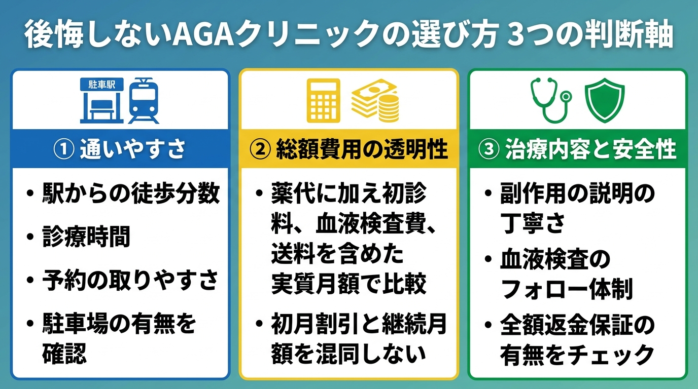 タイトル: 後悔しないAGAクリニックの選び方 3つの判断軸。横並び3カードで: カード1(駅・電車のアイコン)ヘッダー: 通いやすさ、説明: 駅からの徒歩分数・診療時間・予約の取りやすさ・駐車場の有無を確認。カード2(電卓・お金のアイコン)ヘッダー: 総額費用の透明性、説明: 薬代に加え初診料・血液検査費・送料を含めた実質月額で比較。初月割引と継続月額を混同しない。カード3(聴診器・盾のアイコン)ヘッダー: 治療内容と安全性、説明: 副作用の説明の丁寧さ・血液検査のフォロー体制・全額返金保証の有無をチェック