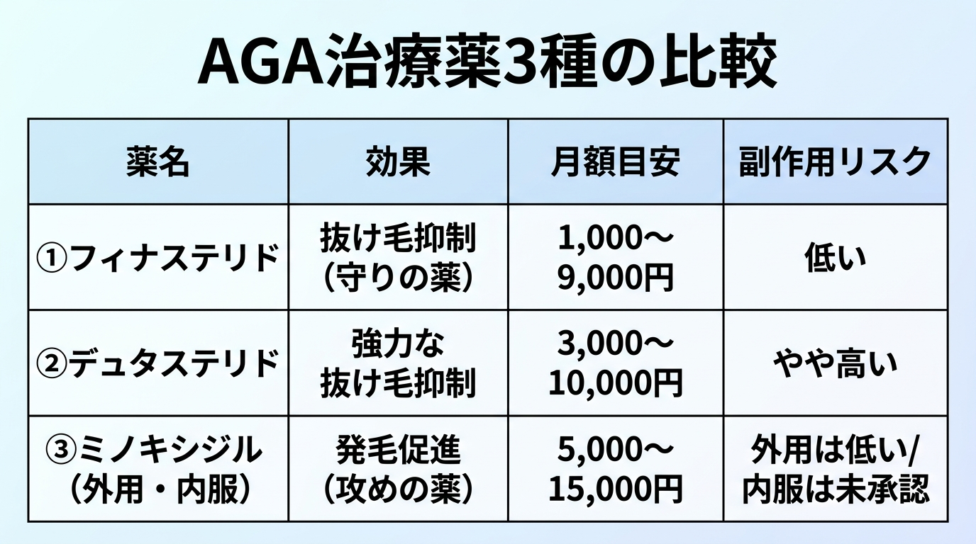 タイトル: AGA治療薬3種の比較。4列の表: ヘッダー行: 薬名 | 効果 | 月額目安 | 副作用リスク。行1: フィナステリド | 抜け毛抑制(守りの薬) | 1,000〜9,000円 | 低い。行2: デュタステリド | 強力な抜け毛抑制 | 3,000〜10,000円 | やや高い。行3: ミノキシジル(外用・内服) | 発毛促進(攻めの薬) | 5,000〜15,000円 | 外用は低い/内服は未承認