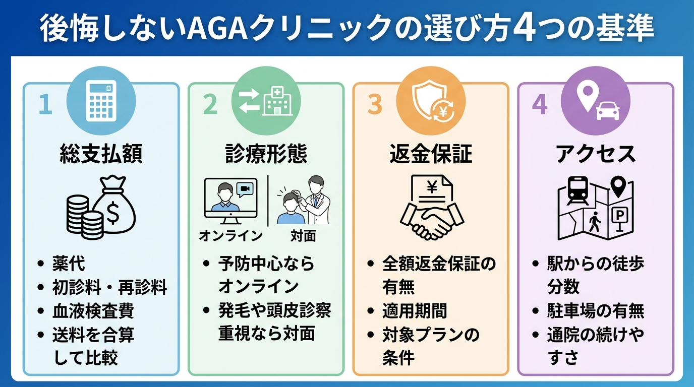 タイトル: 後悔しないAGAクリニックの選び方4つの基準。縦積み4項目のチェックリスト形式で: 基準1: 総支払額(薬代だけでなく初診料・再診料・血液検査費・送料を合算して比較)。基準2: 診療形態(予防中心ならオンライン、発毛や頭皮診察重視なら対面)。基準3: 返金保証(全額返金保証の有無と適用期間・対象プランの条件)。基準4: アクセス(駅からの徒歩分数・駐車場の有無・通院の続けやすさ)