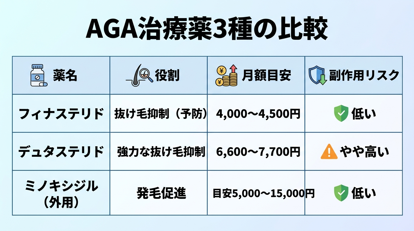 タイトル: AGA治療薬3種の比較。4列の表: ヘッダー行: 薬名 | 役割 | 月額目安 | 副作用リスク。行1: フィナステリド | 抜け毛抑制(予防) | 4,000〜4,500円 | 低い。行2: デュタステリド | 強力な抜け毛抑制 | 6,600〜7,700円 | やや高い。行3: ミノキシジル(外用) | 発毛促進 | 目安5,000〜15,000円 | 低い