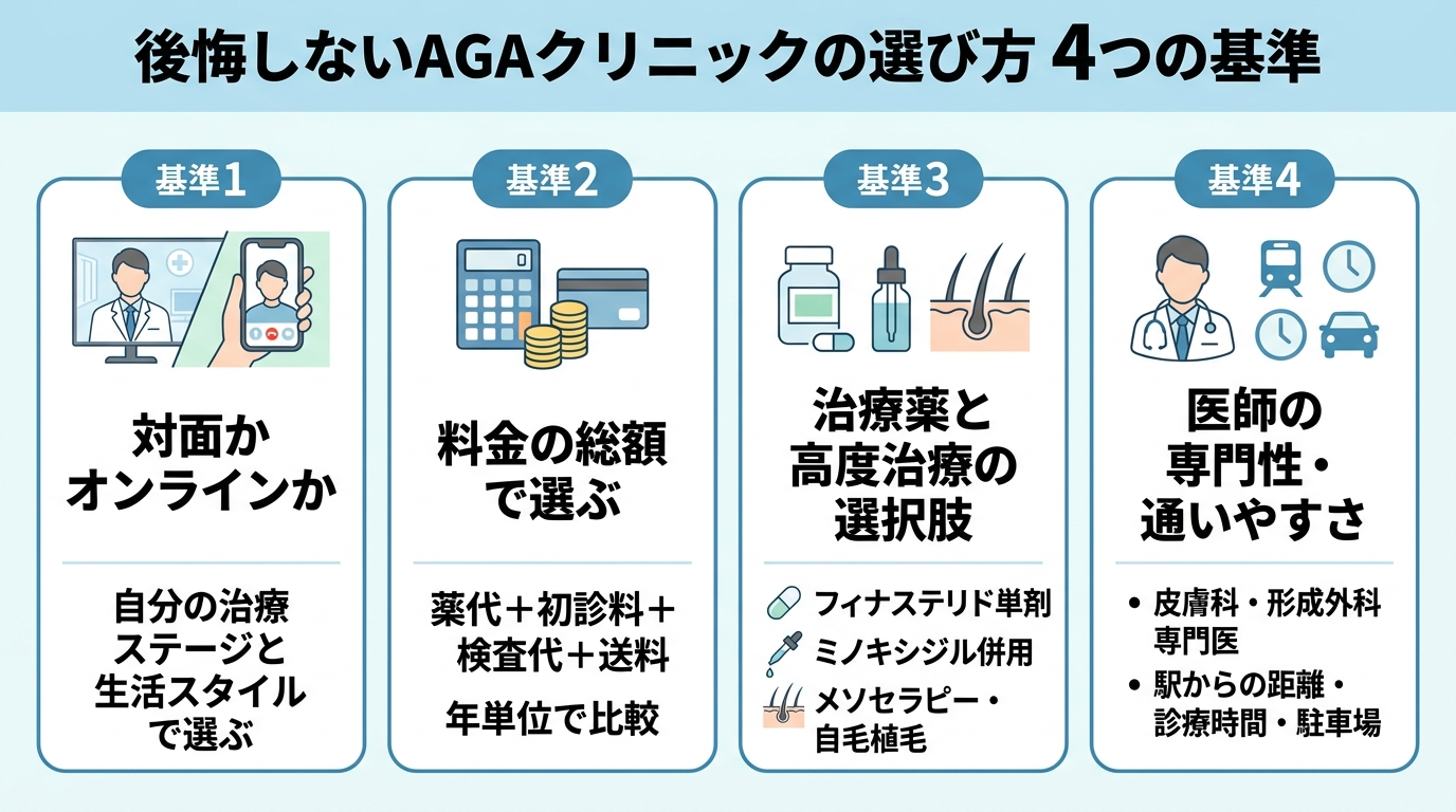 タイトル: 後悔しないAGAクリニックの選び方 4つの基準。縦並び4項目のチェックリスト形式: 基準1: 対面かオンラインか（自分の治療ステージと生活スタイルで選ぶ）。基準2: 料金の総額で選ぶ（薬代＋初診料＋検査代＋送料を年単位で比較）。基準3: 治療薬と高度治療の選択肢（フィナステリド単剤／ミノキシジル併用／メソセラピー・自毛植毛）。基準4: 医師の専門性・通いやすさ（皮膚科・形成外科専門医／駅からの距離・診療時間・駐車場）。
