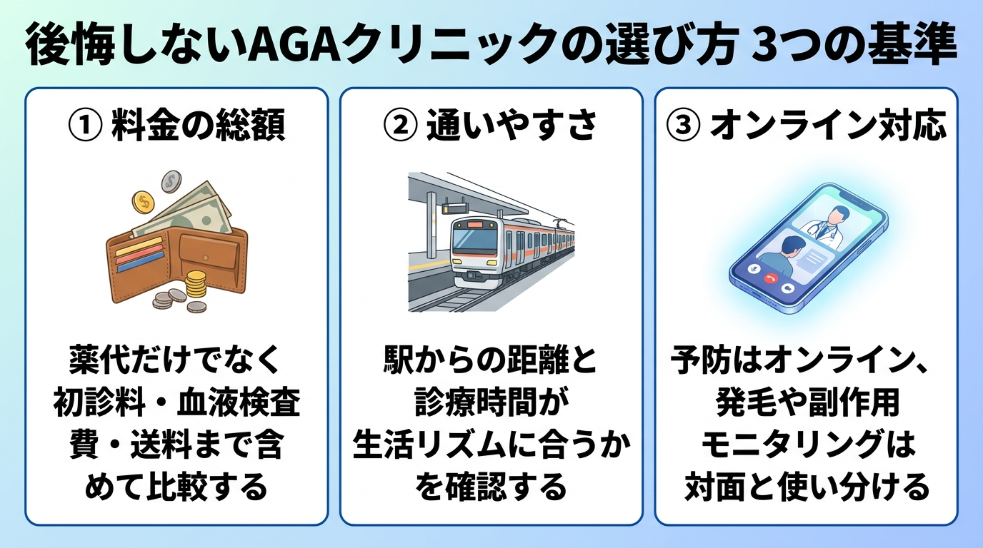 タイトル: 後悔しないAGAクリニックの選び方 3つの基準。横並び3カードで: カード1（財布のアイコン）ヘッダー: 料金の総額、説明: 薬代だけでなく初診料・血液検査費・送料まで含めて比較する。カード2（電車のアイコン）ヘッダー: 通いやすさ、説明: 駅からの距離と診療時間が生活リズムに合うかを確認する。カード3（スマホのアイコン）ヘッダー: オンライン対応、説明: 予防はオンライン、発毛や副作用モニタリングは対面と使い分ける