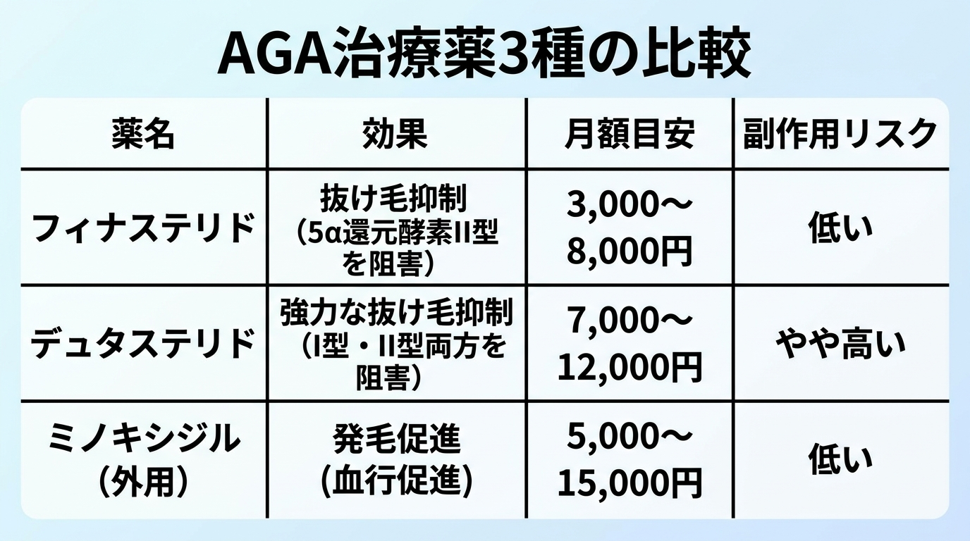 タイトル: AGA治療薬3種の比較。4列の表: ヘッダー行: 薬名 | 効果 | 月額目安 | 副作用リスク。行1: フィナステリド | 抜け毛抑制（5α還元酵素II型を阻害） | 3,000〜8,000円 | 低い。行2: デュタステリド | 強力な抜け毛抑制（I型・II型両方を阻害） | 7,000〜12,000円 | やや高い。行3: ミノキシジル（外用） | 発毛促進（血行促進） | 5,000〜15,000円 | 低い