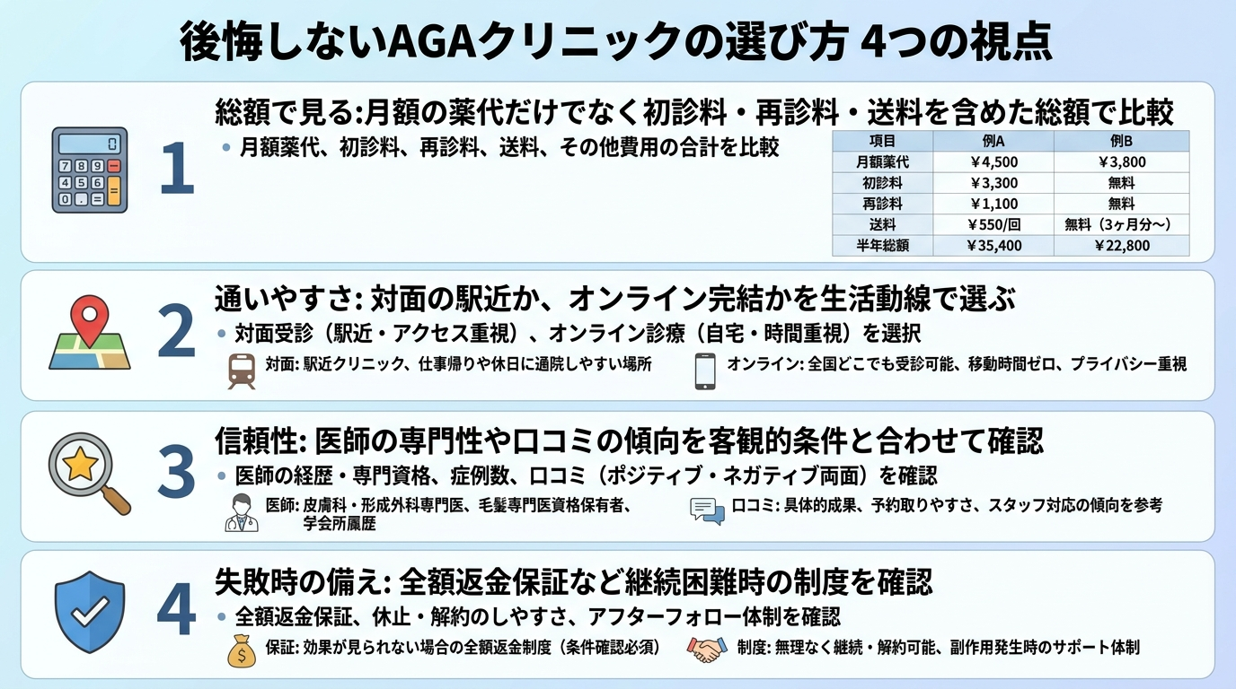 タイトル: 後悔しないAGAクリニックの選び方 4つの視点。縦並び4項目のチェックリスト図で: 視点1（電卓のアイコン）総額で見る: 月額の薬代だけでなく初診料・再診料・送料を含めた総額で比較。視点2（地図ピンのアイコン）通いやすさ: 対面の駅近か、オンライン完結かを生活動線で選ぶ。視点3（星のアイコン）信頼性: 医師の専門性や口コミの傾向を客観的条件と合わせて確認。視点4（盾のアイコン）失敗時の備え: 全額返金保証など継続困難時の制度を確認