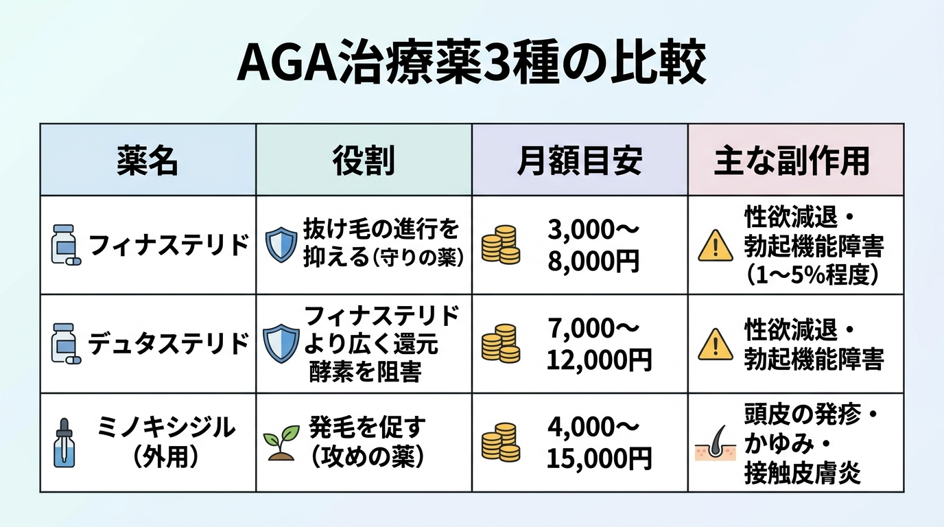 タイトル: AGA治療薬3種の比較。4列の表: ヘッダー行: 薬名 | 役割 | 月額目安 | 主な副作用。行1: フィナステリド | 抜け毛の進行を抑える（守りの薬） | 3,000〜8,000円 | 性欲減退・勃起機能障害（1〜5%程度）。行2: デュタステリド | フィナステリドより広く還元酵素を阻害 | 7,000〜12,000円 | 性欲減退・勃起機能障害。行3: ミノキシジル（外用） | 発毛を促す（攻めの薬） | 4,000〜15,000円 | 頭皮の発疹・かゆみ・接触皮膚炎