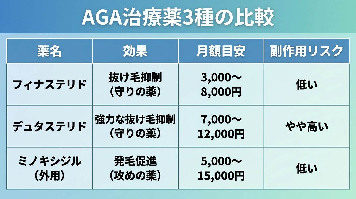 タイトル: AGA治療薬3種の比較。4列の表: ヘッダー行: 薬名 | 効果 | 月額目安 | 副作用リスク。行1: フィナステリド | 抜け毛抑制（守りの薬） | 3,000〜8,000円 | 低い。行2: デュタステリド | 強力な抜け毛抑制（守りの薬） | 7,000〜12,000円 | やや高い。行3: ミノキシジル（外用） | 発毛促進（攻めの薬） | 5,000〜15,000円 | 低い