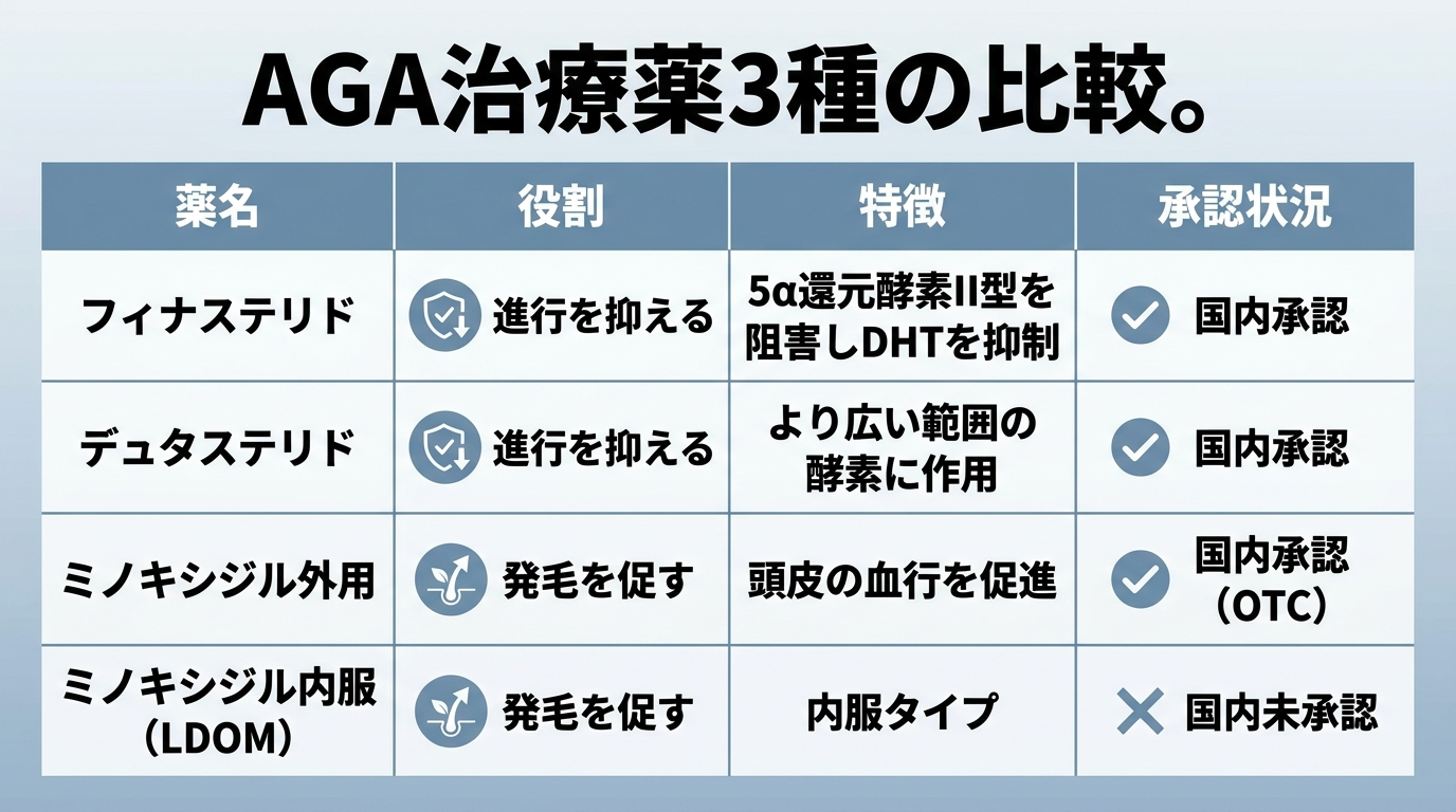 タイトル: AGA治療薬3種の比較。4列の表: ヘッダー行: 薬名 | 役割 | 特徴 | 承認状況。行1: フィナステリド | 進行を抑える | 5α還元酵素II型を阻害しDHTを抑制 | 国内承認。行2: デュタステリド | 進行を抑える | より広い範囲の酵素に作用 | 国内承認。行3: ミノキシジル外用 | 発毛を促す | 頭皮の血行を促進 | 国内承認（OTC）。行4: ミノキシジル内服（LDOM） | 発毛を促す | 内服タイプ | 国内未承認