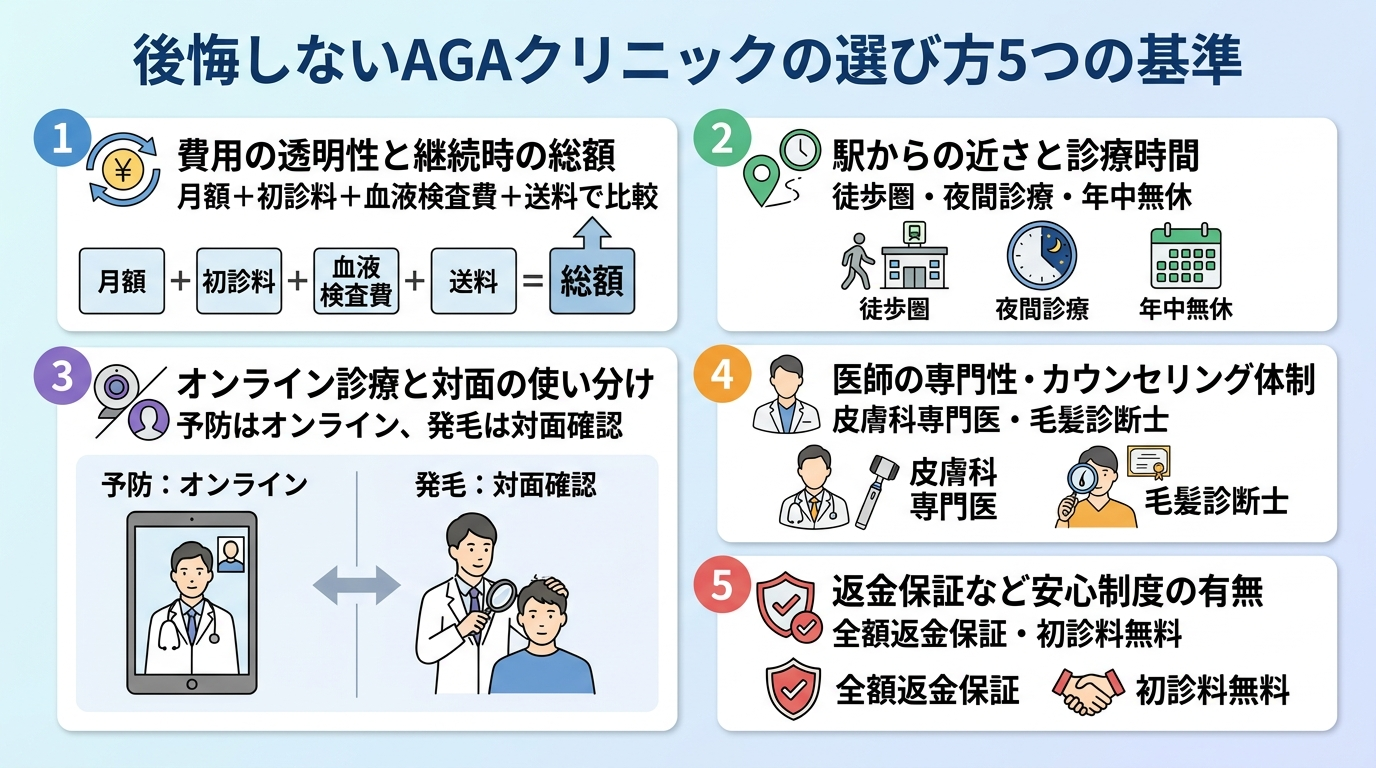 タイトル: 後悔しないAGAクリニックの選び方5つの基準。縦並び5項目のチェックリスト形式: 1. 費用の透明性と継続時の総額(月額+初診料+血液検査費+送料で比較)。2. 駅からの近さと診療時間(徒歩圏・夜間診療・年中無休)。3. オンライン診療と対面の使い分け(予防はオンライン、発毛は対面確認)。4. 医師の専門性・カウンセリング体制(皮膚科専門医・毛髪診断士)。5. 返金保証など安心制度の有無(全額返金保証・初診料無料)