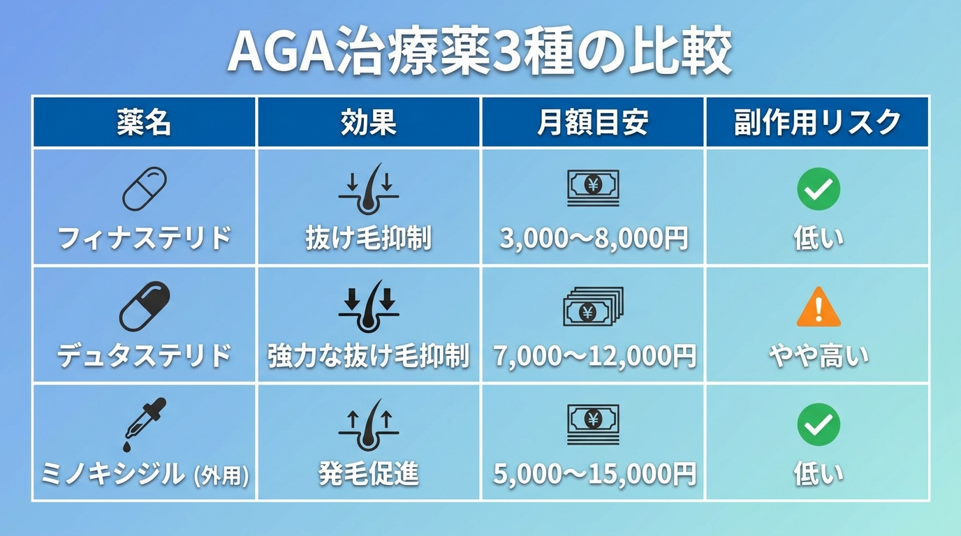 タイトル: AGA治療薬3種の比較。4列の表: ヘッダー行: 薬名 | 効果 | 月額目安 | 副作用リスク。行1: フィナステリド | 抜け毛抑制 | 3,000〜8,000円 | 低い。行2: デュタステリド | 強力な抜け毛抑制 | 7,000〜12,000円 | やや高い。行3: ミノキシジル(外用) | 発毛促進 | 5,000〜15,000円 | 低い